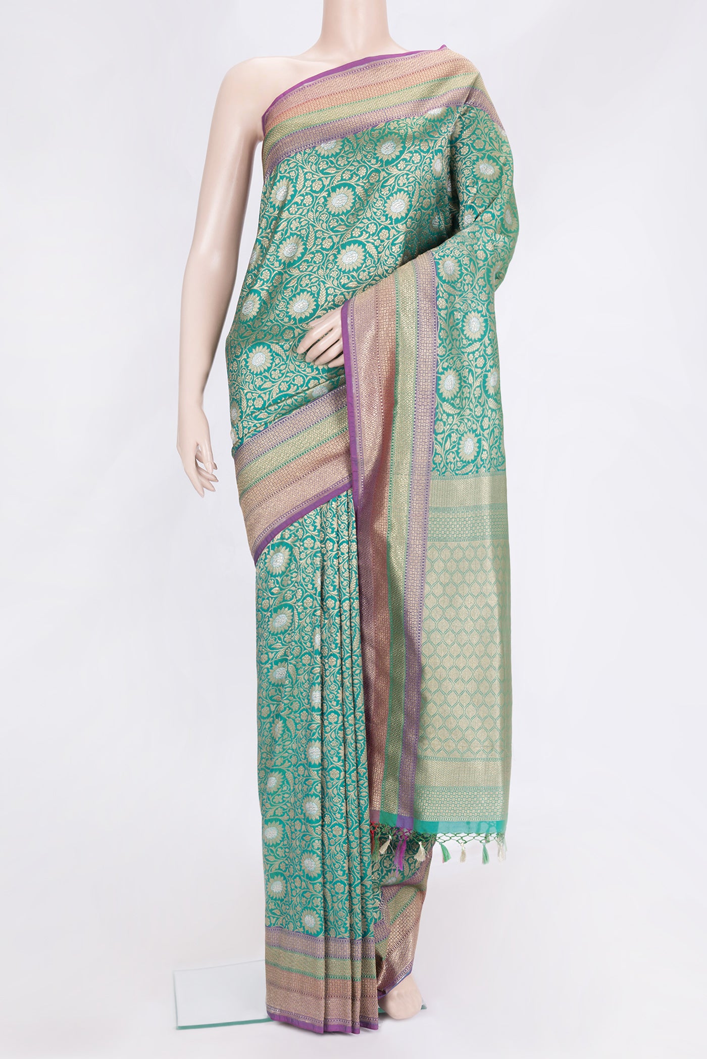 Green Dual Tone Blended Banarasi Silk Saree with Zari Brocade on the body and Zari Border.  displayed on a mannequin