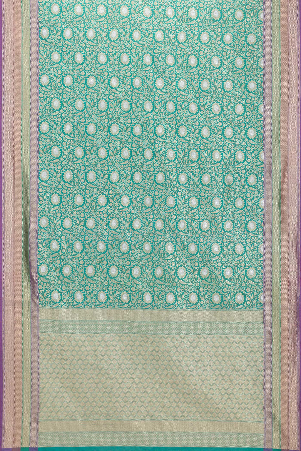 Flat view of Green Dual Tone Blended Banarasi Silk Saree with Zari Brocade on the body and Zari Border. 
