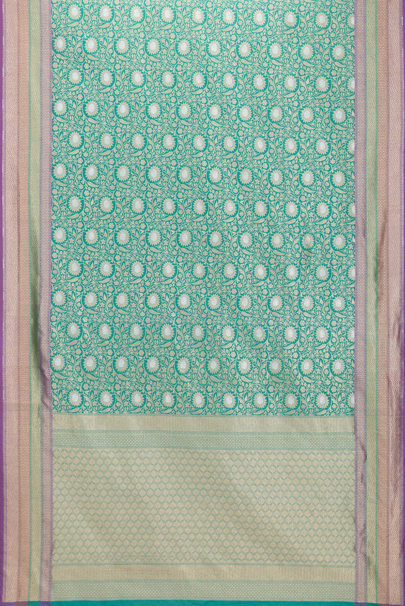 Flat view of Green Dual Tone Blended Banarasi Silk Saree with Zari Brocade on the body and Zari Border. 