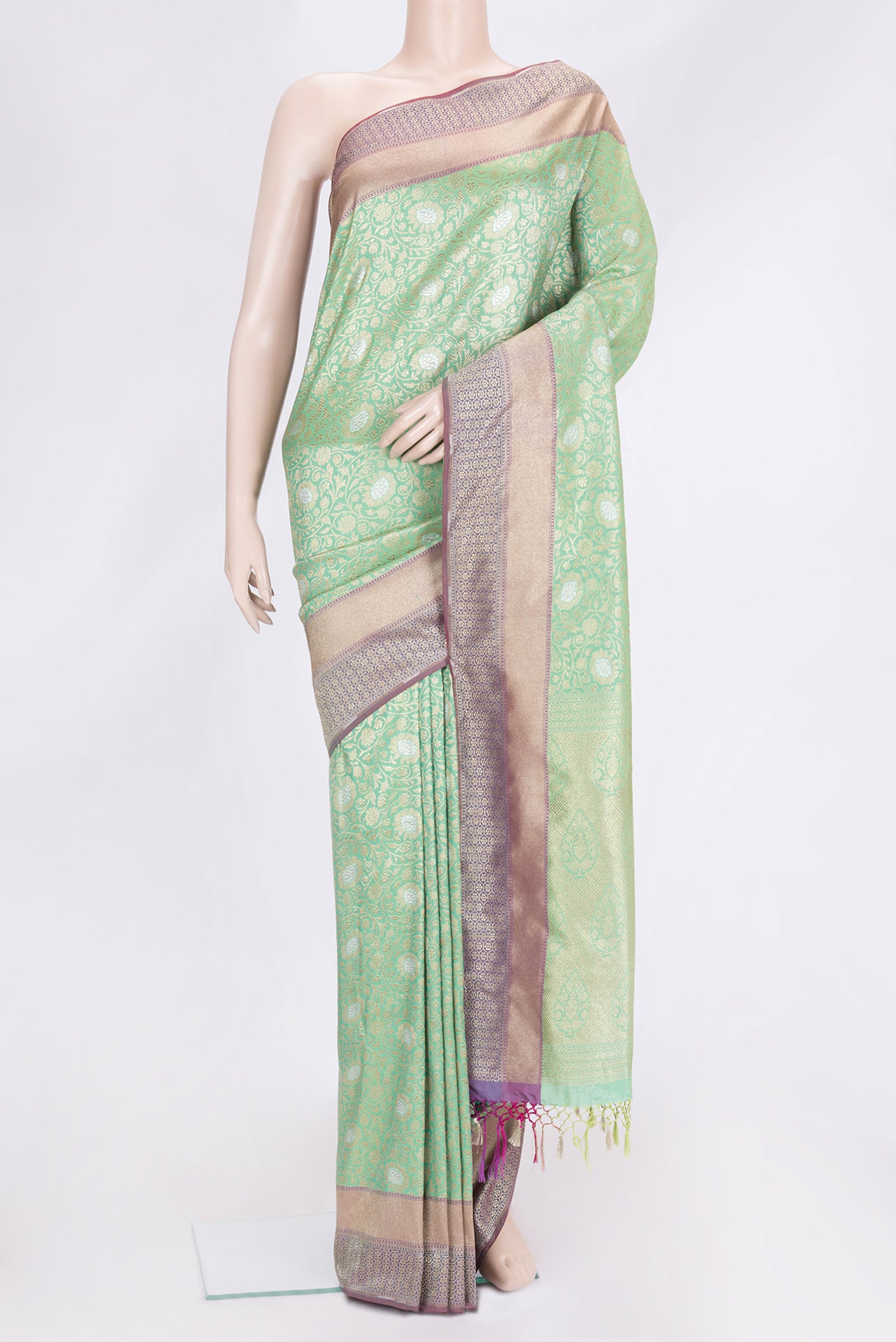 Green Dual Tone Blended Banarasi Silk Saree with Zari Brocade on the body and Zari Border.  displayed on a mannequin