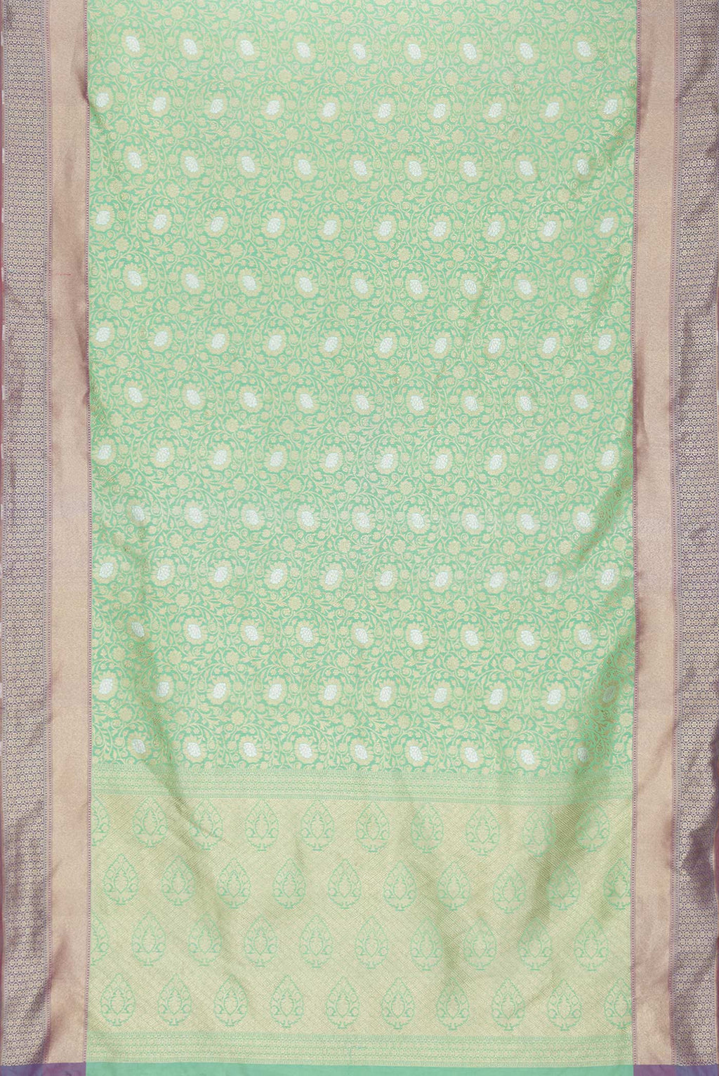 Flat view of Green Dual Tone Blended Banarasi Silk Saree with Zari Brocade on the body and Zari Border. 