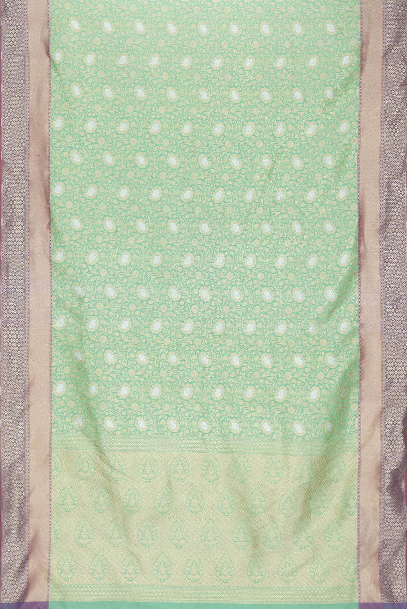 Flat view of Green Dual Tone Blended Banarasi Silk Saree with Zari Brocade on the body and Zari Border. 