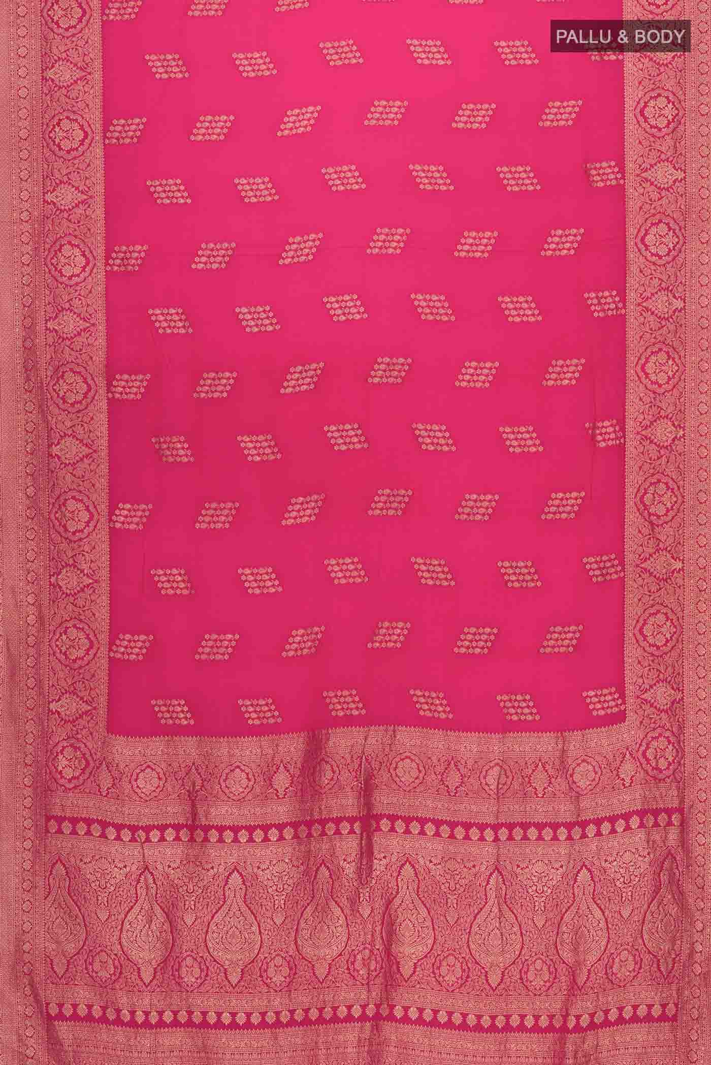 Flat view of Pink Mysore Crepe Saree with Zari Butta on the body and Zari Border