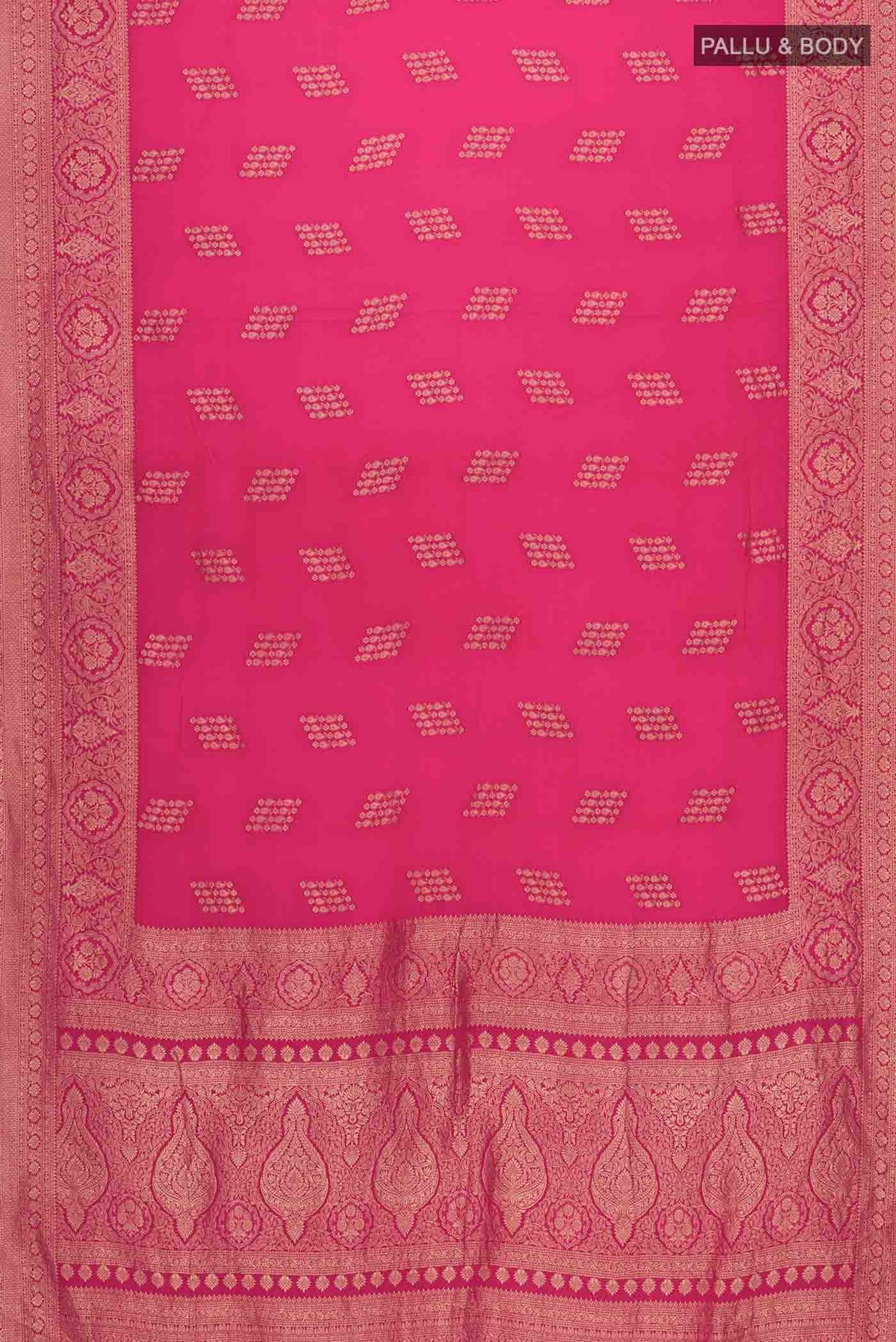 Flat view of Pink Mysore Crepe Saree with Zari Butta on the body and Zari Border