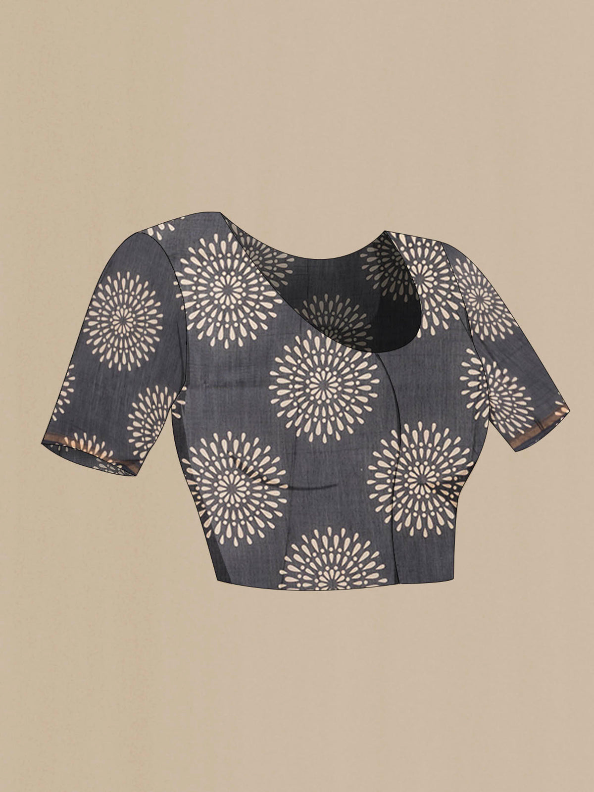 Close up image of the blouse of Black Silk Cotton Saree with Printed design on the body and Zari Border