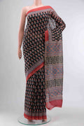 Black Silk Cotton Saree with Printed design on the body and Zari Border displayed on a mannequin