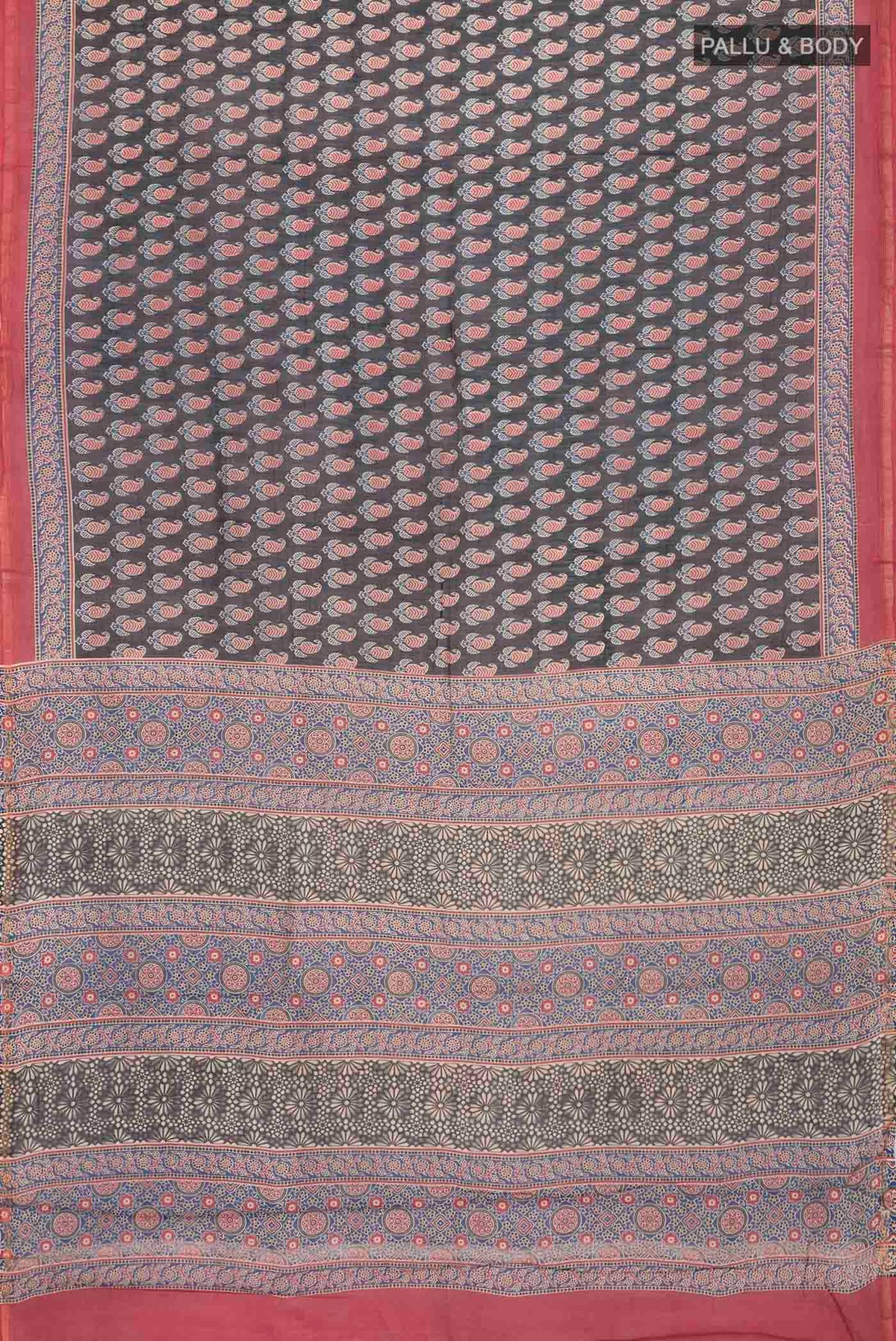 Flat view of Black Silk Cotton Saree with Printed design on the body and Zari Border