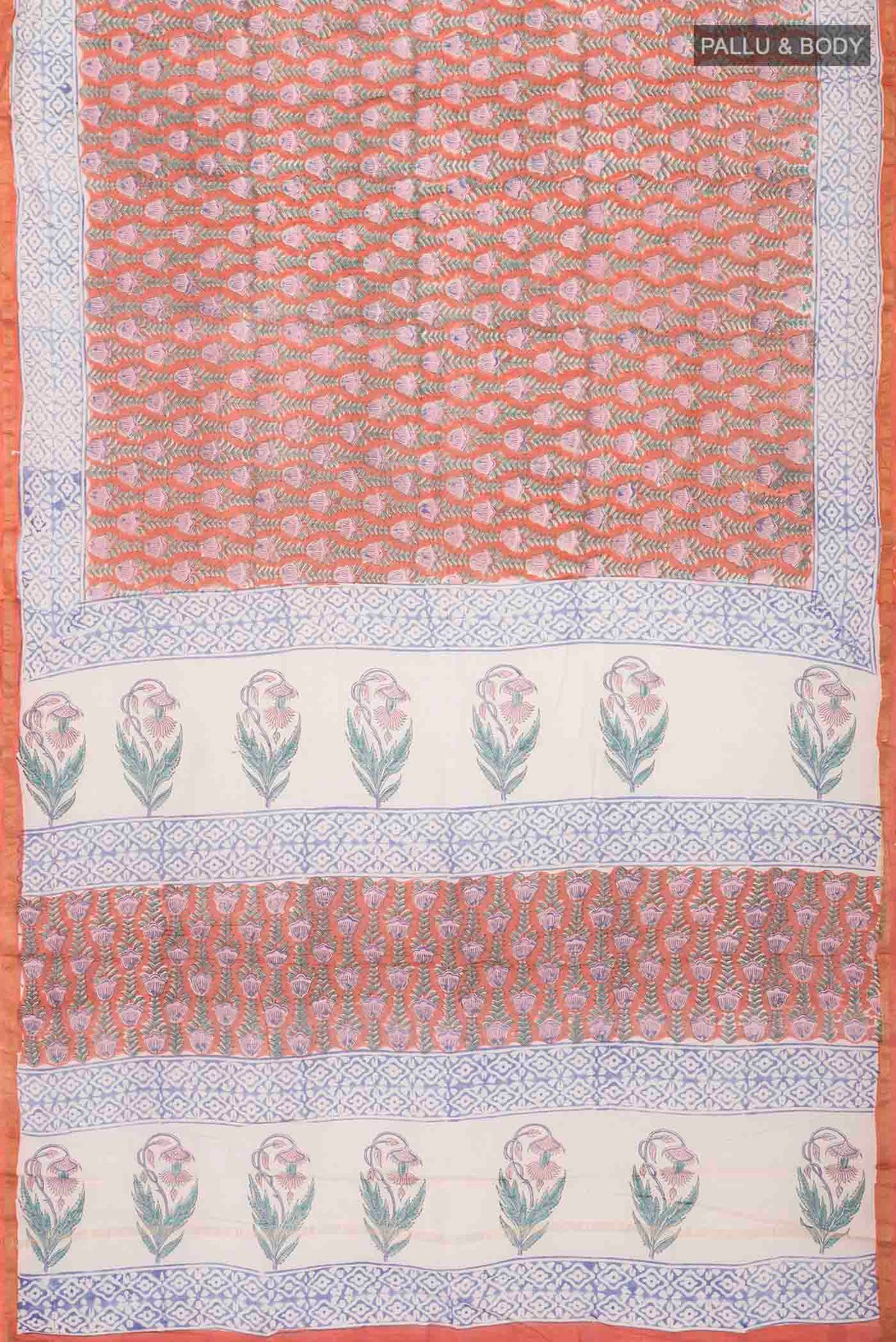 Flat view of Rust Silk Cotton Saree with Printed design on the body and Zari Border