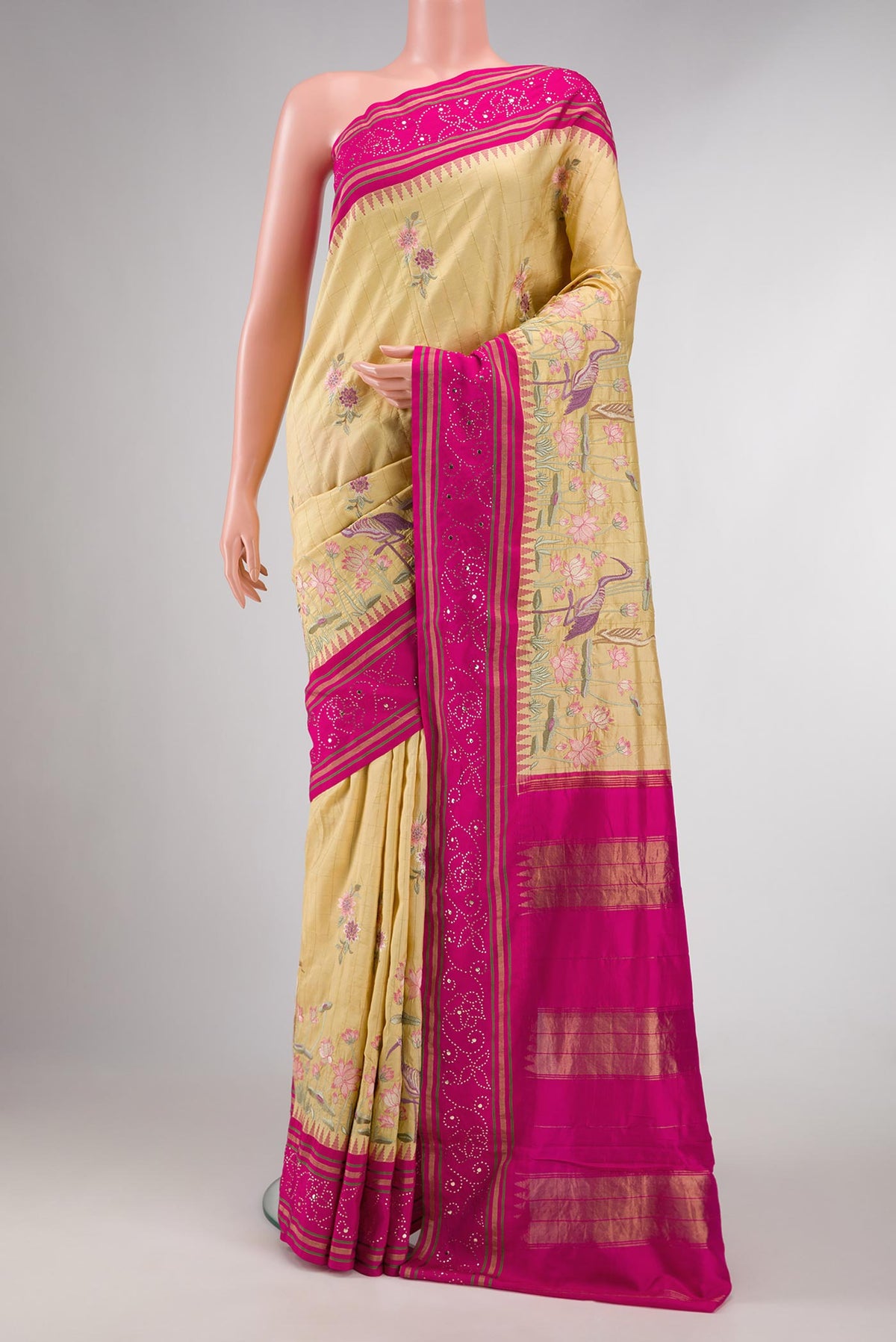 Sandal Dual Tone Kanchipuram Silk Saree with Embroidery on the body and Embroidery Border displayed on a mannequin