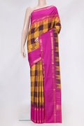 Mustard and Burgundy Color Kanjivaram Silk Saree with Checked design on the body and Zari Border.  displayed on a mannequin