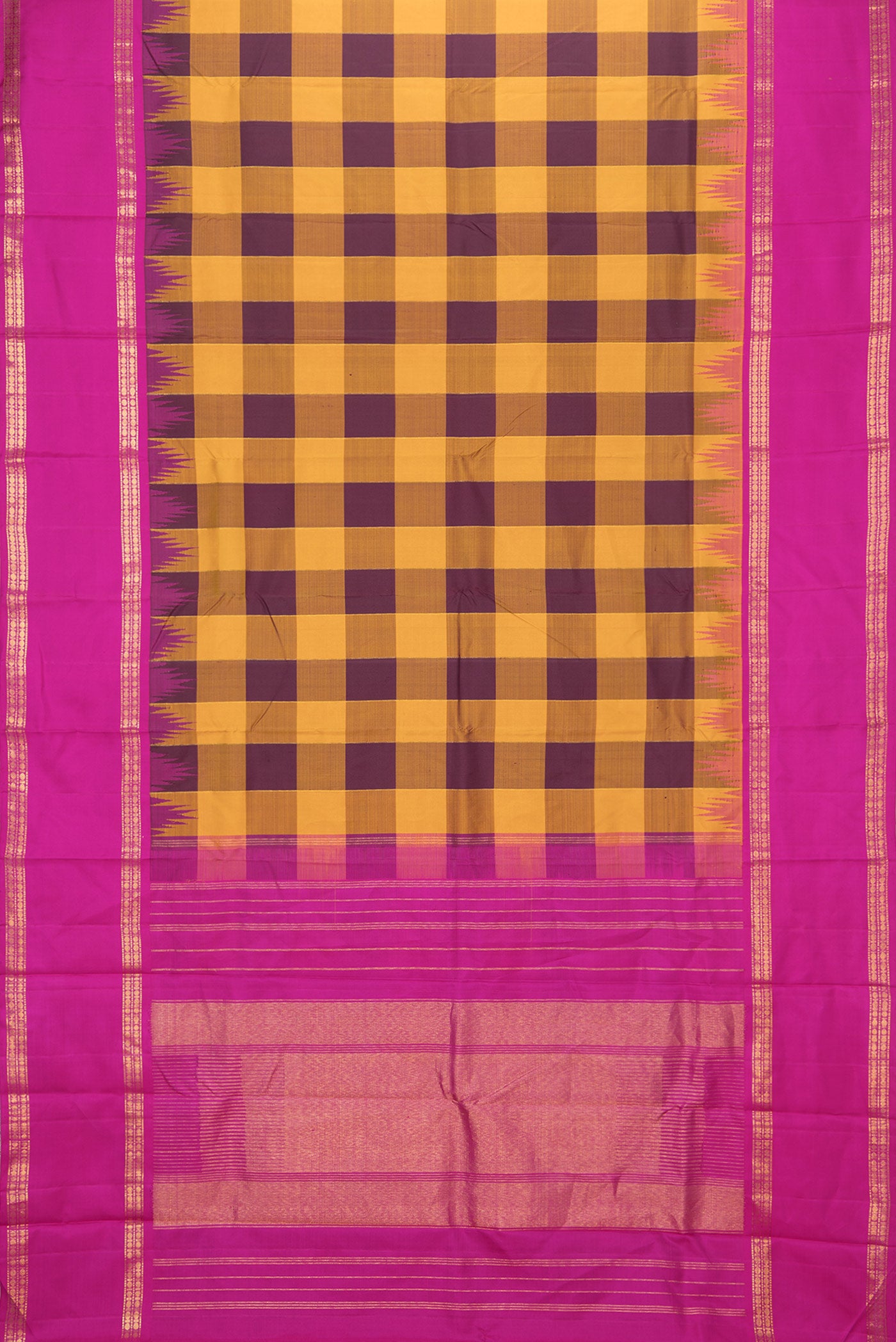 Flat view of Mustard and Burgundy Color Kanjivaram Silk Saree with Checked design on the body and Zari Border. 