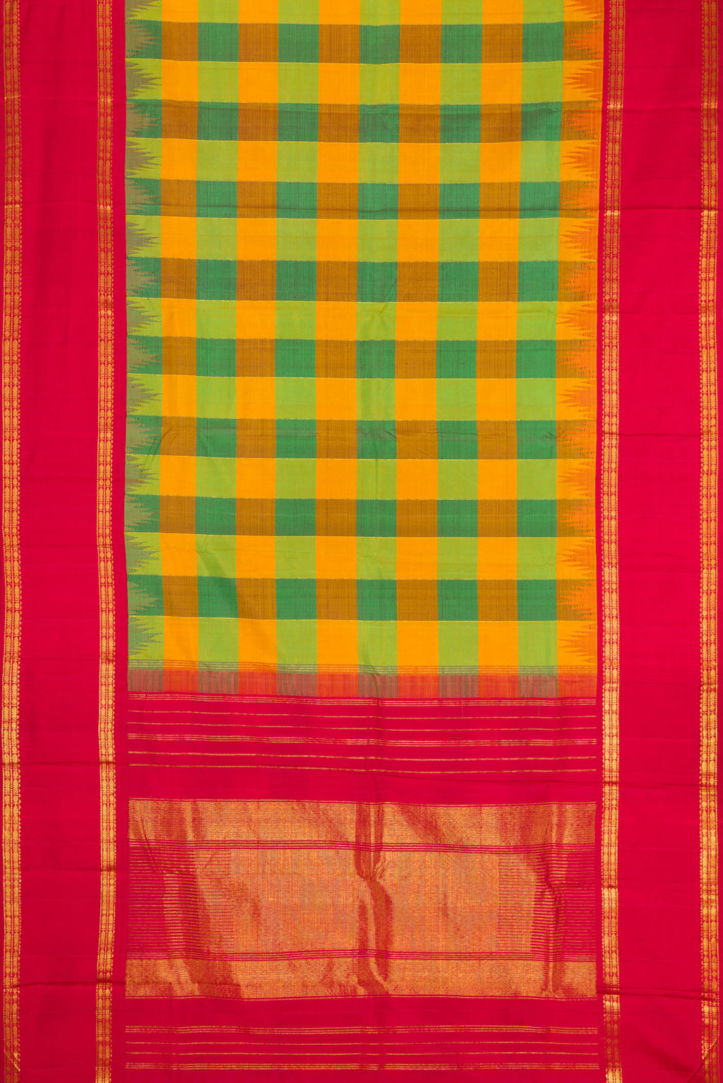 Flat view of Mustard, Parrot Green and Bottle Green Color Kanjivaram Silk Saree with Checked design on the body and Temple Border. 