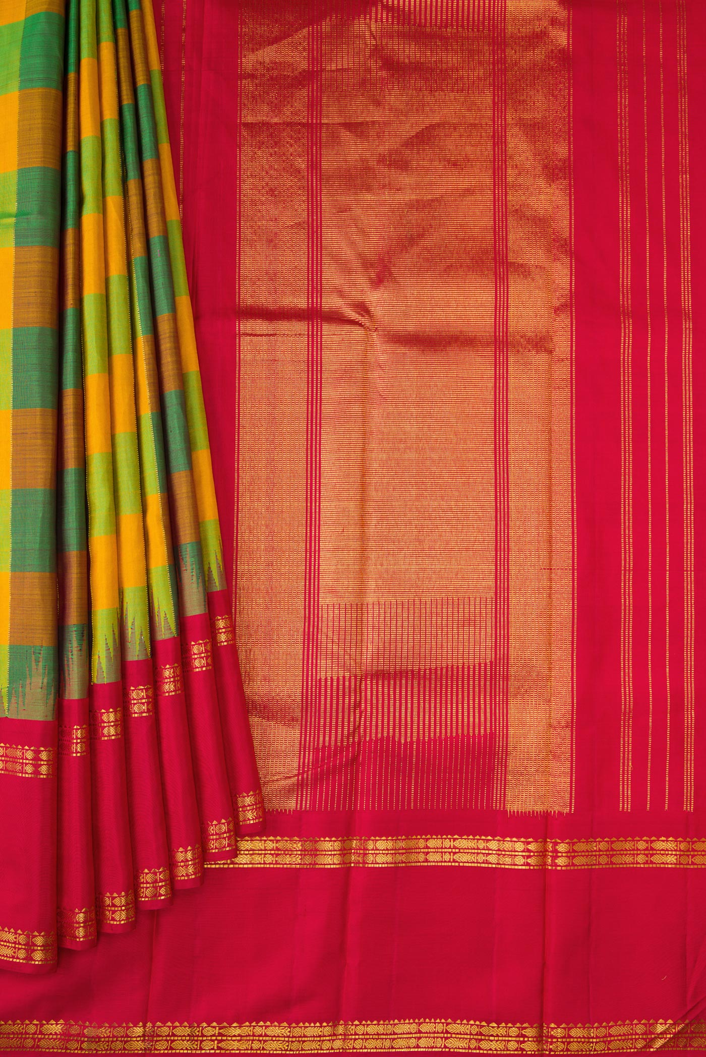 Pleats and pallu of Mustard, Parrot Green and Bottle Green Color Kanjivaram Silk Saree with Checked design on the body and Temple Border. 