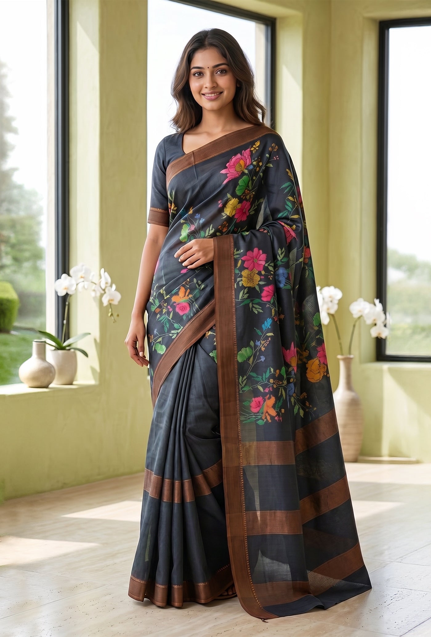 Model wearing a Navy Blue Tussar Silk Saree with Floral Print on the body and Zari Border.