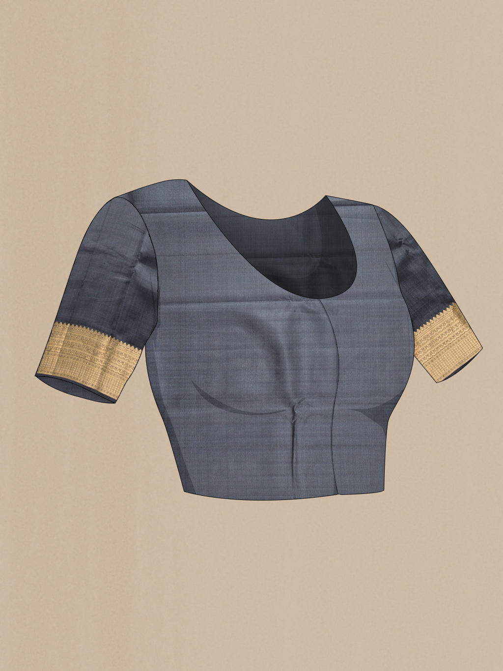 Close up image of the blouse of Grey Dual Tone Kanchipuram Silk Saree with Stripes on the body and Zari Border. 