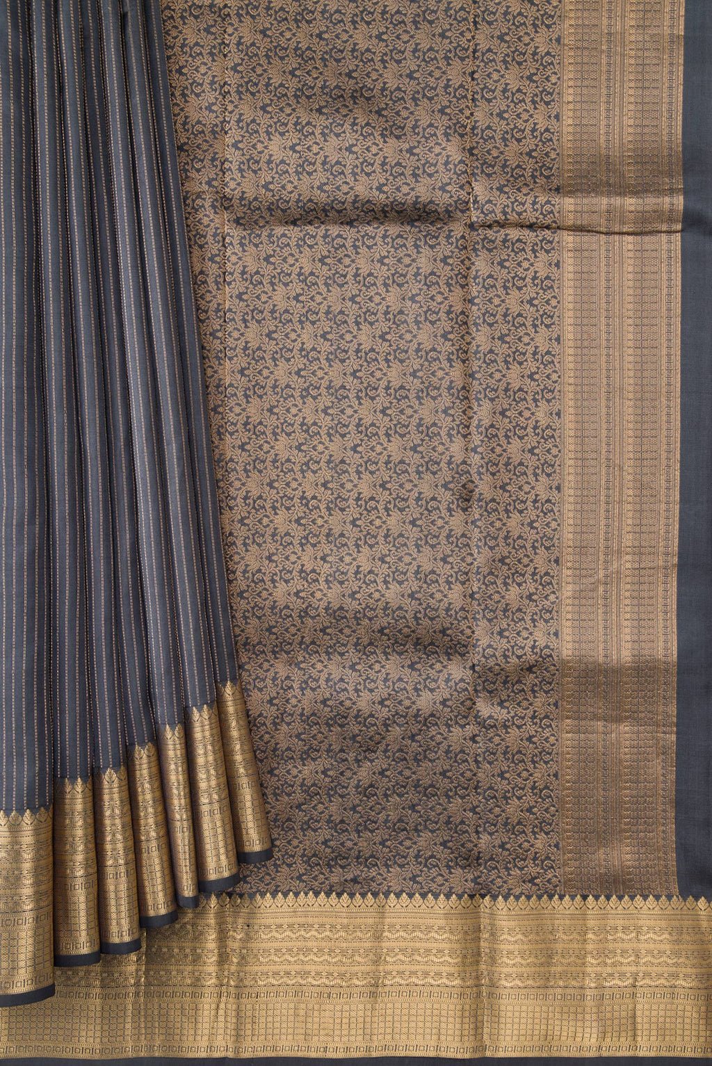 Pleats and pallu of Grey Dual Tone Kanchipuram Silk Saree with Stripes on the body and Zari Border. 