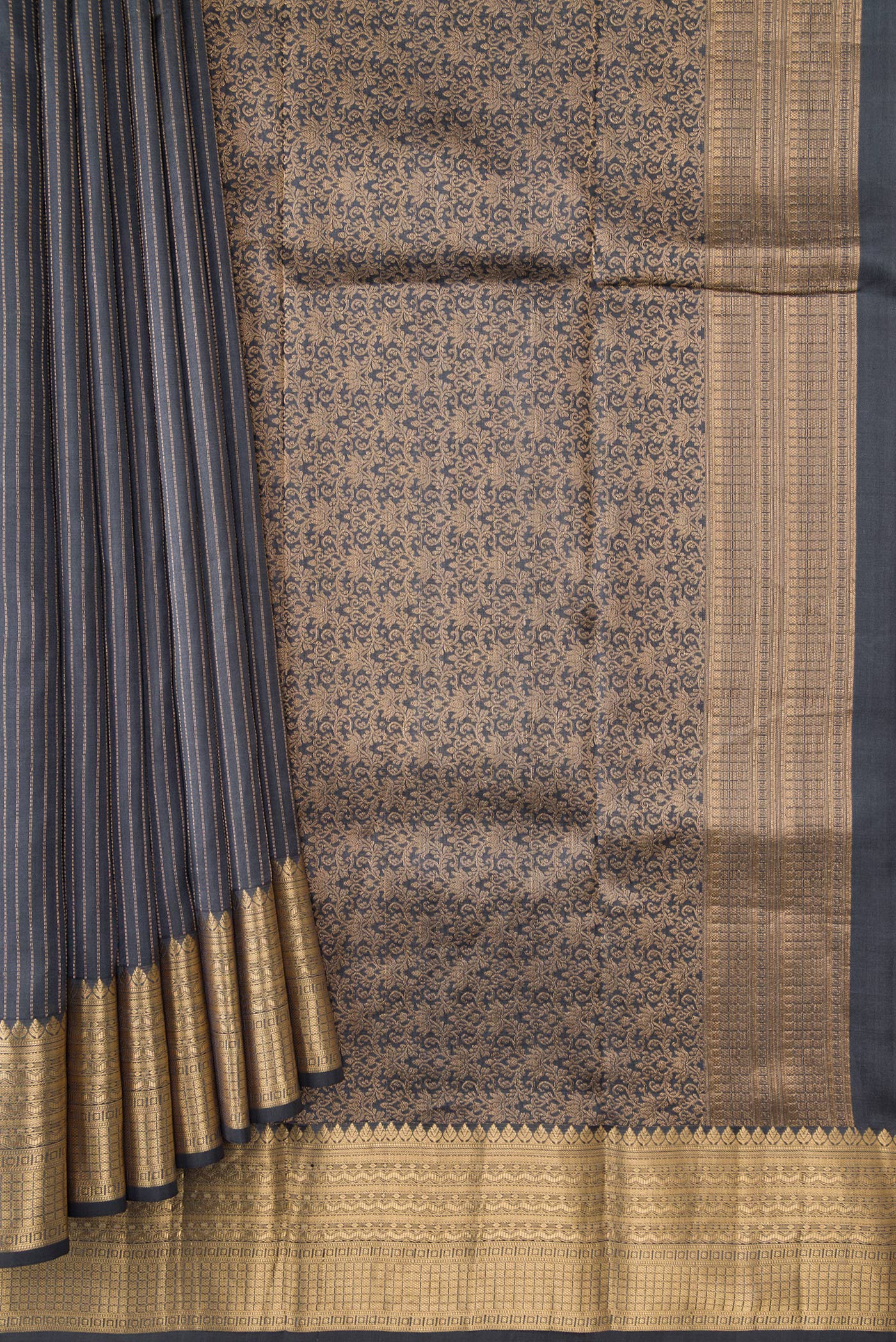Pleats and pallu of Grey Dual Tone Kanchipuram Silk Saree with Stripes on the body and Zari Border. 