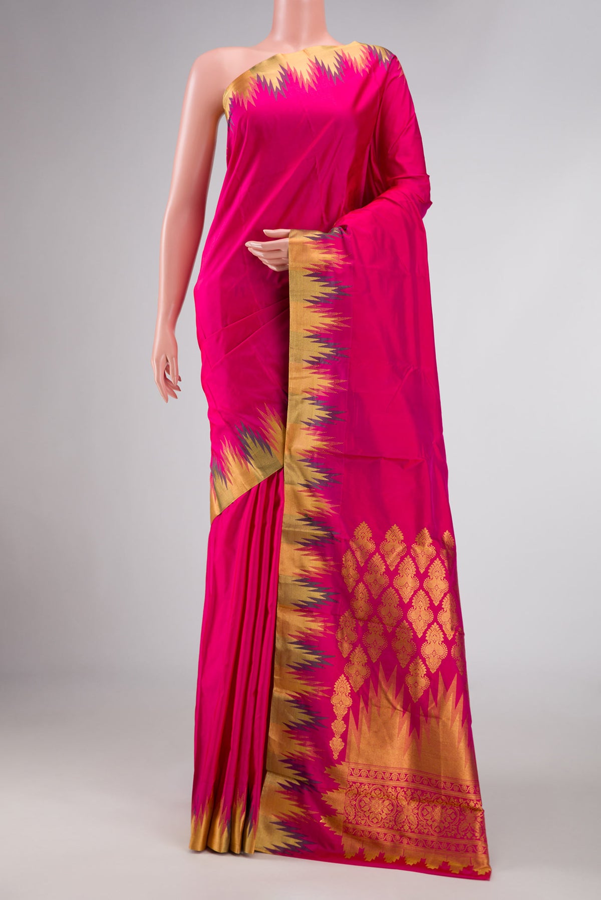 Pink Bangalore Silk Saree with Plain Body and Temple Border displayed on a mannequin