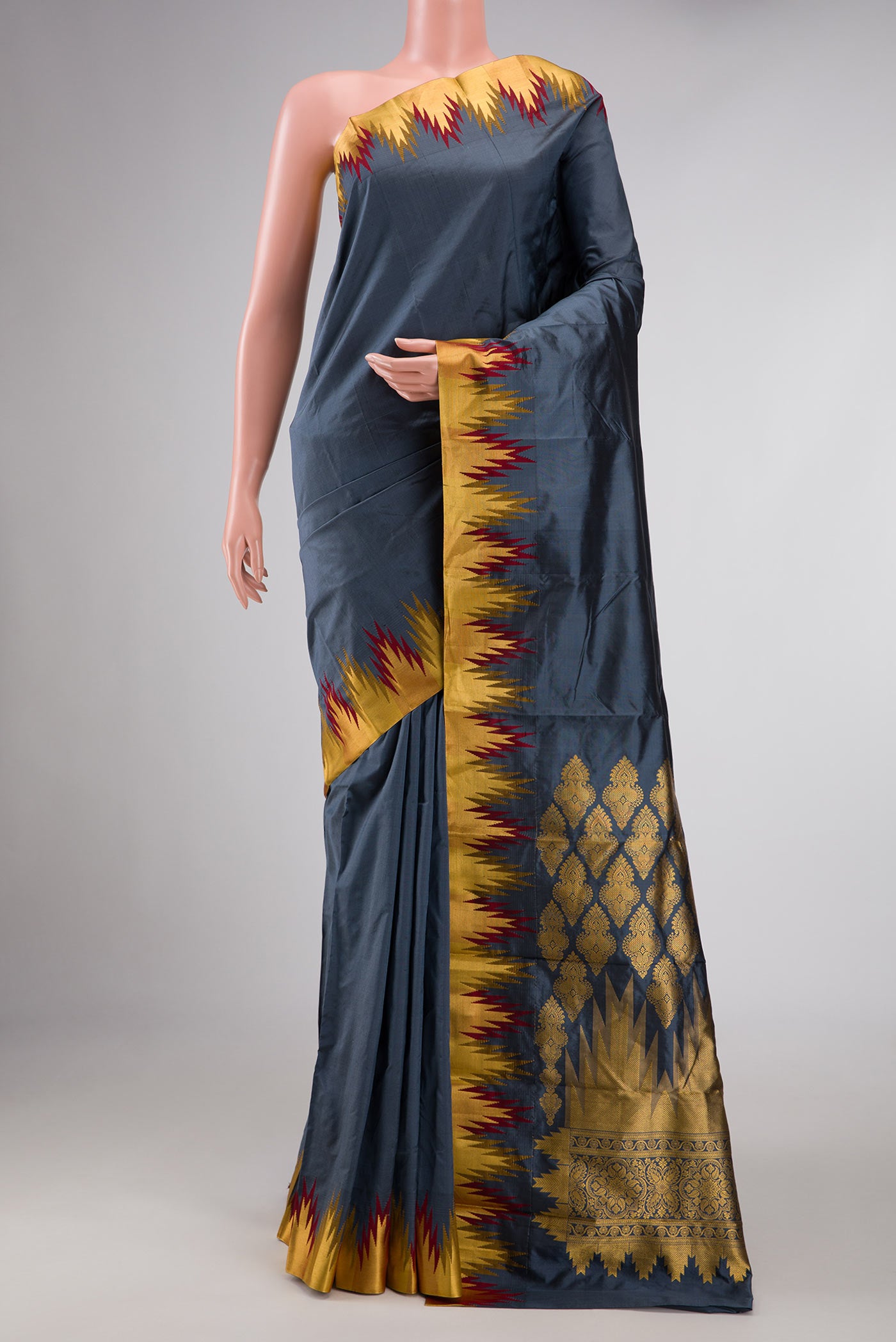 Blue Grey Bangalore Silk Saree with Plain Body and Temple Border displayed on a mannequin