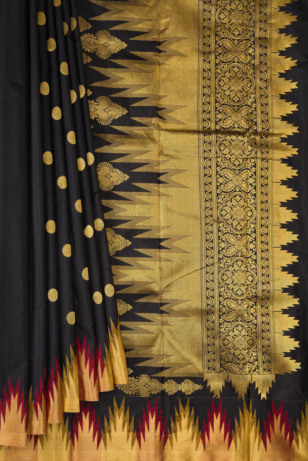 Pleats and pallu of Pure Silk Black Bangalore Saree with Zari Butta on the body and Temple Border. 