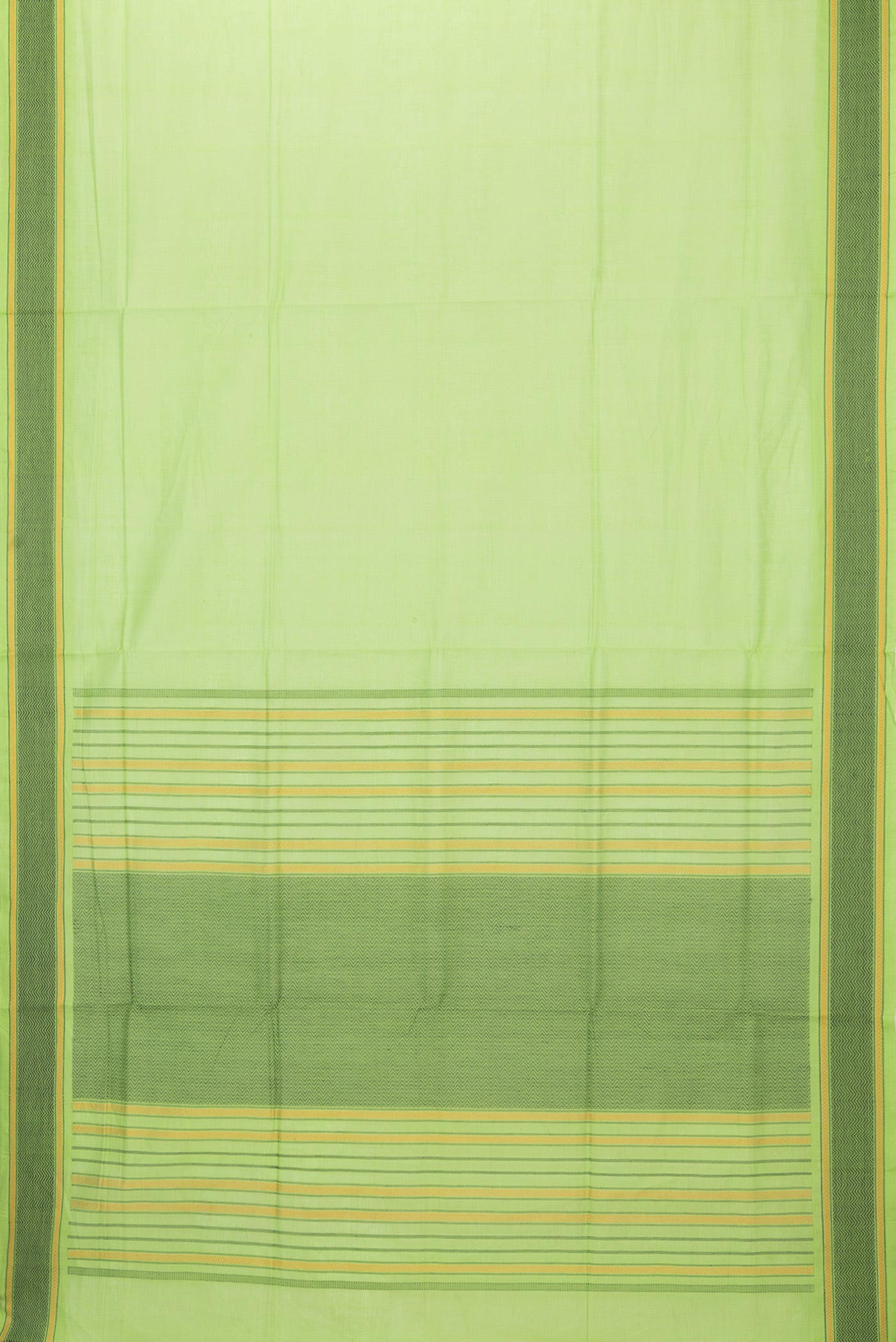 Flat view of Parrot Green Coimbatore Cotton Saree with Plain Body and Thread Border. 
