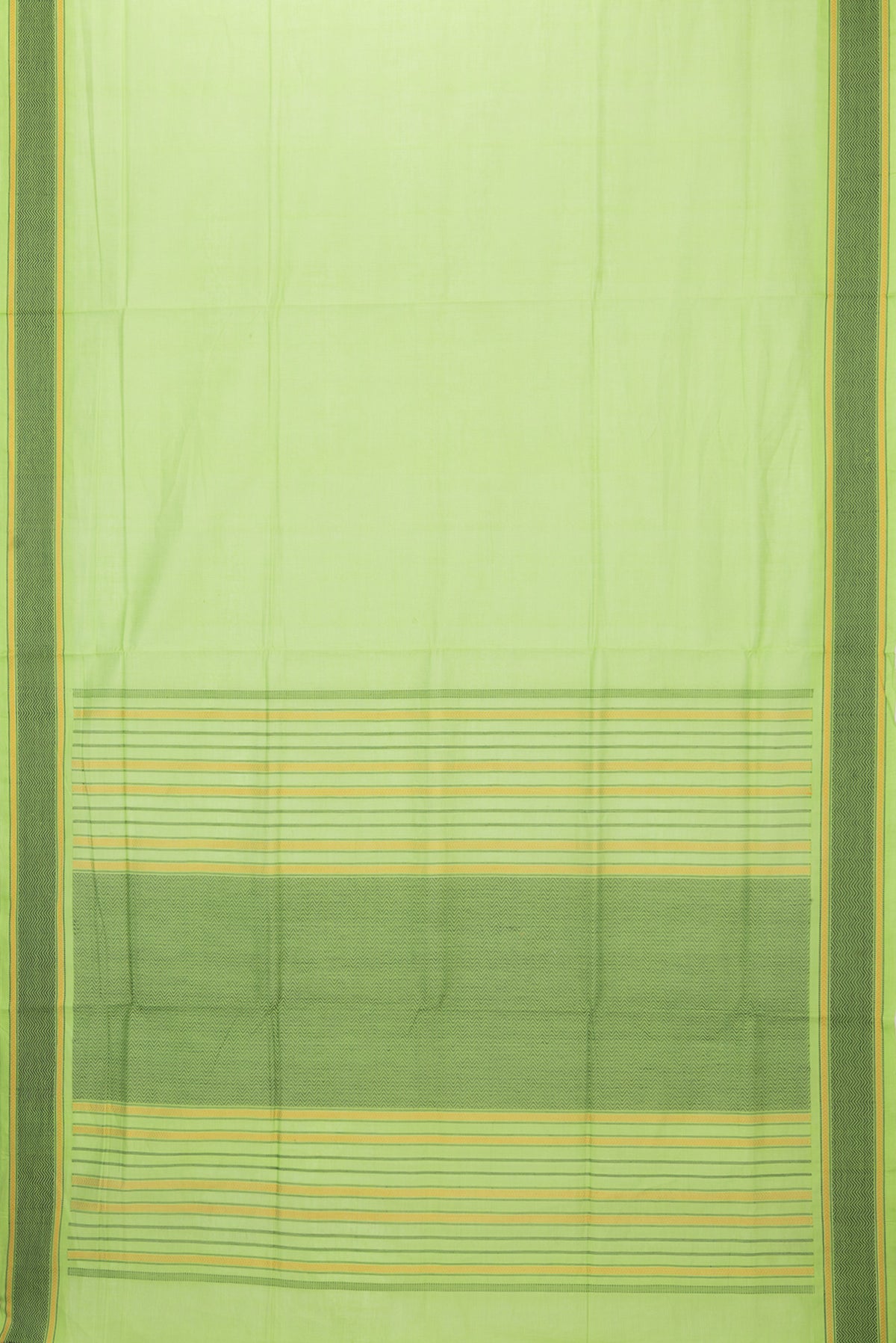 Flat view of Parrot Green Coimbatore Cotton Saree with Plain Body and Thread Border. 