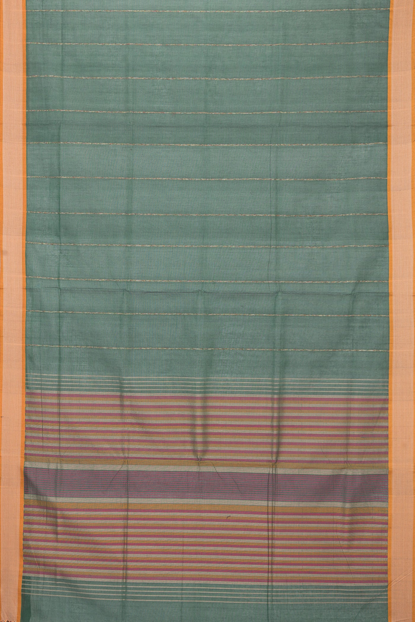 Flat view of Bottle Green Coimbatore Cotton Saree with Stripes on the body and Thread Border. 