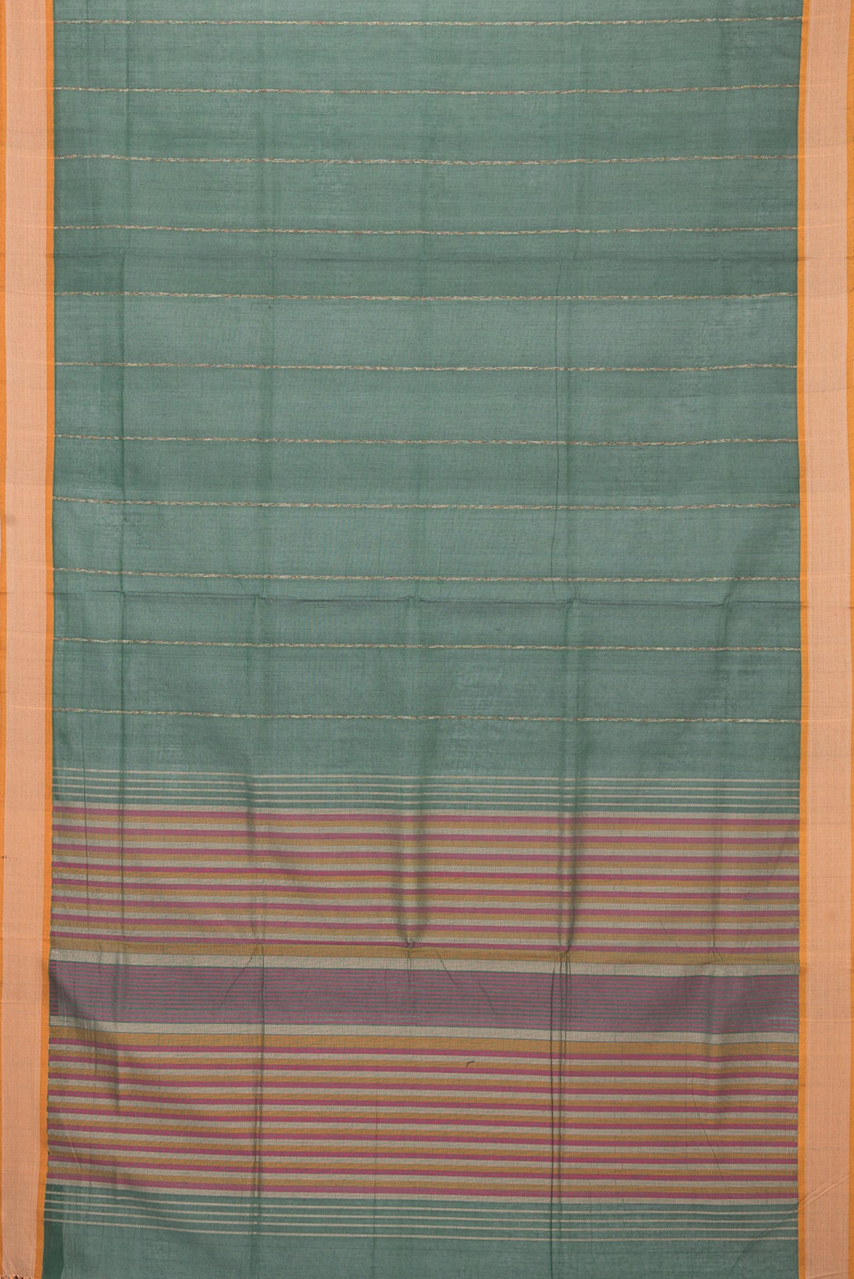 Flat view of Bottle Green Coimbatore Cotton Saree with Stripes on the body and Thread Border. 