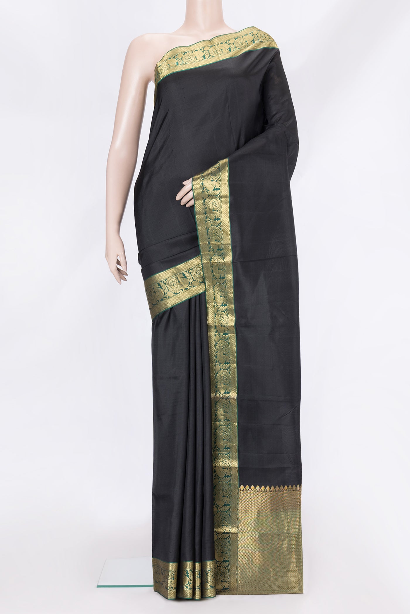 Black Dual Tone Kanjivaram Silk Saree with Plain Body and Zari Border.  displayed on a mannequin