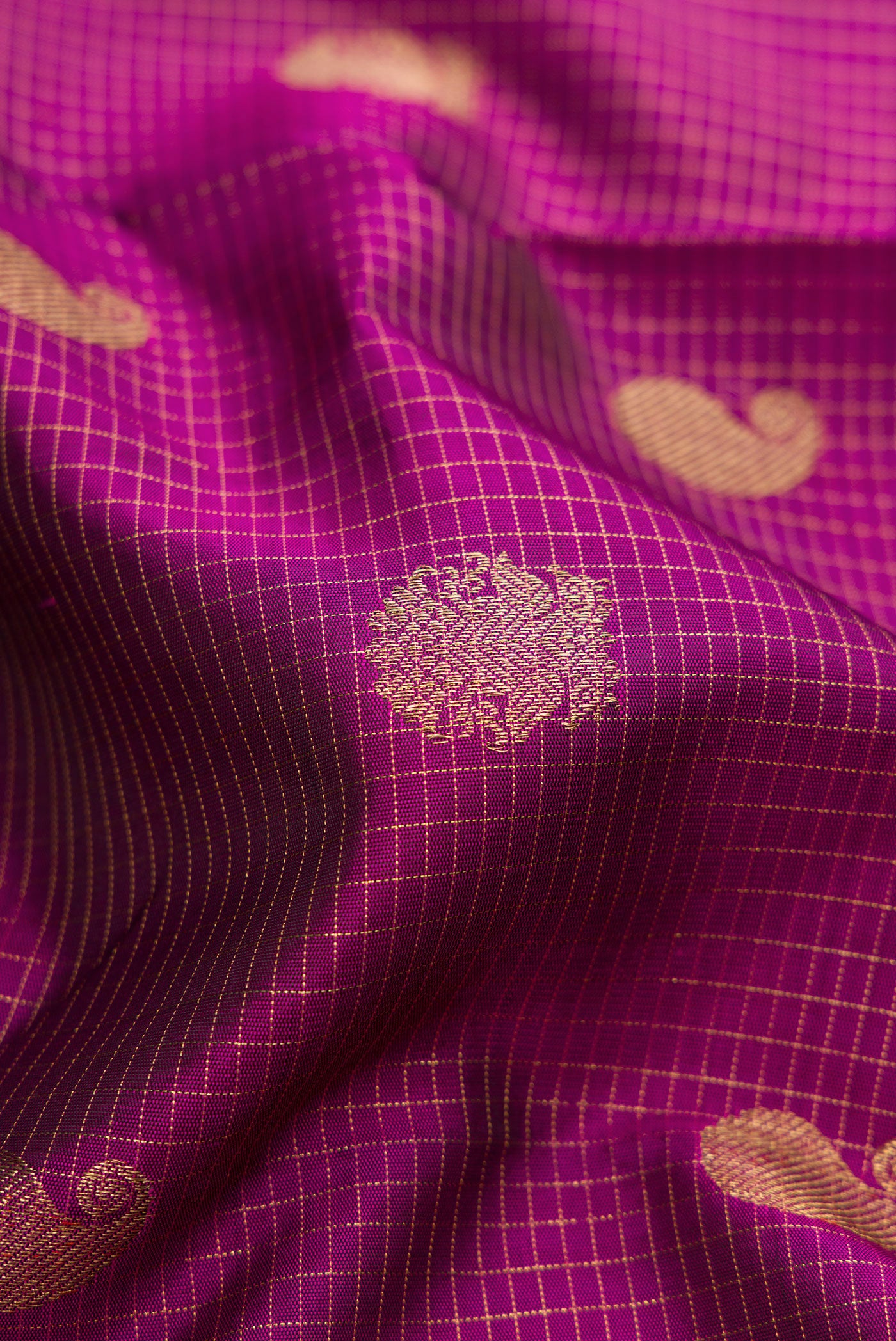 Close up of Purple Kanchipuram Silk Saree with Checked design on the body and Zari Border.  displaying folds