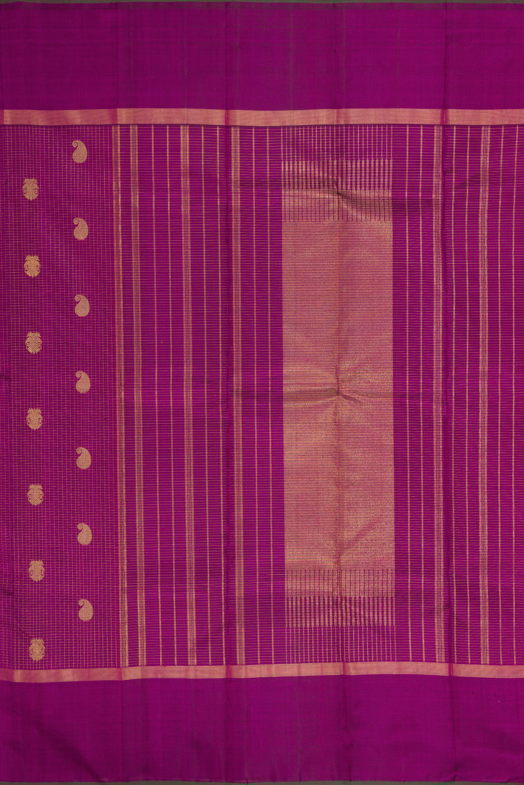 Close up image of the pallu of Purple Kanchipuram Silk Saree with Checked design on the body and Zari Border. 