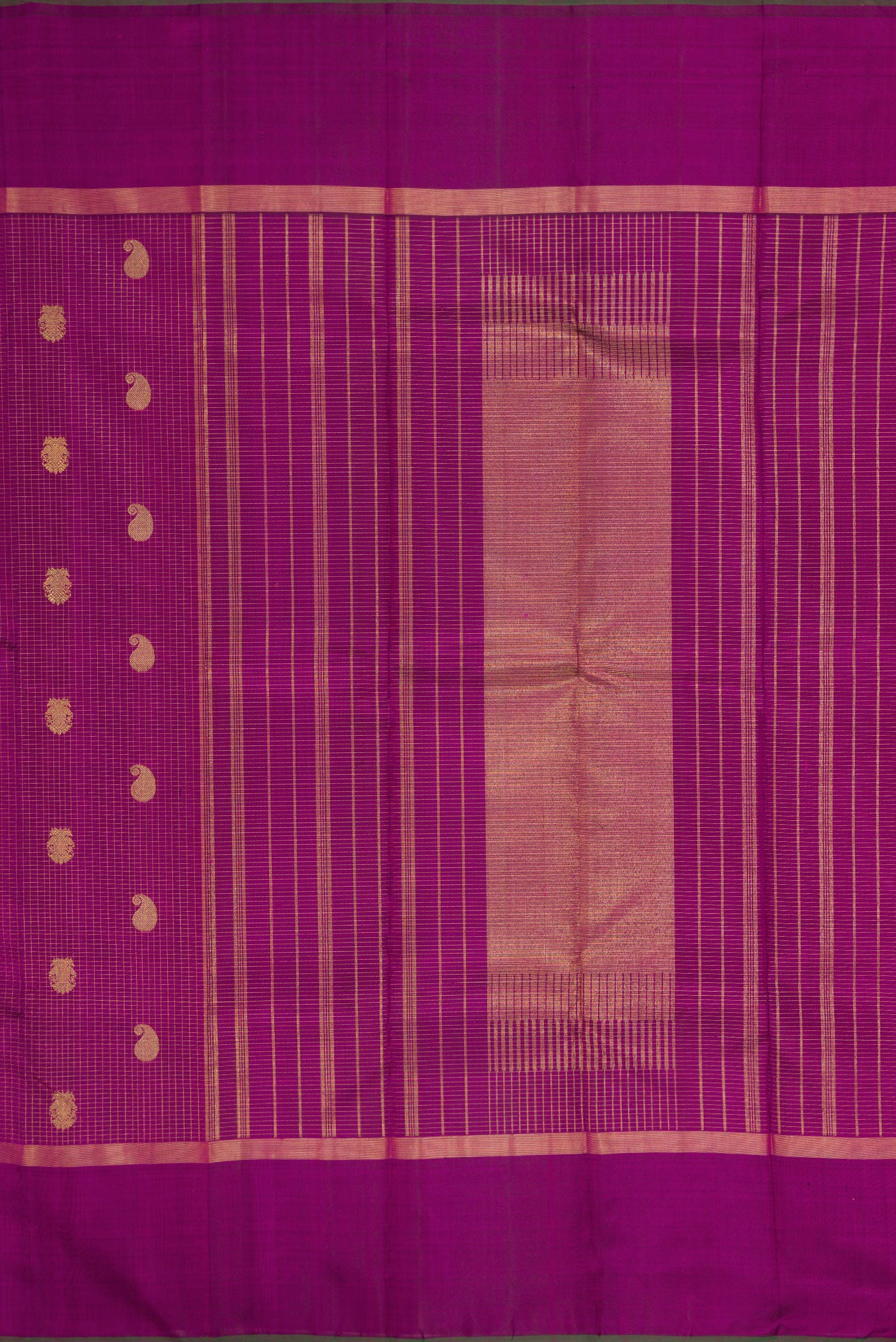 Close up image of the pallu of Purple Kanchipuram Silk Saree with Checked design on the body and Zari Border. 