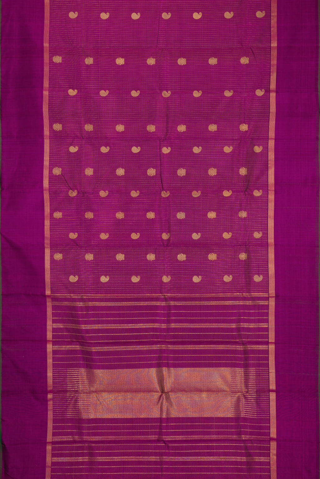 Flat view of Purple Kanchipuram Silk Saree with Checked design on the body and Zari Border. 