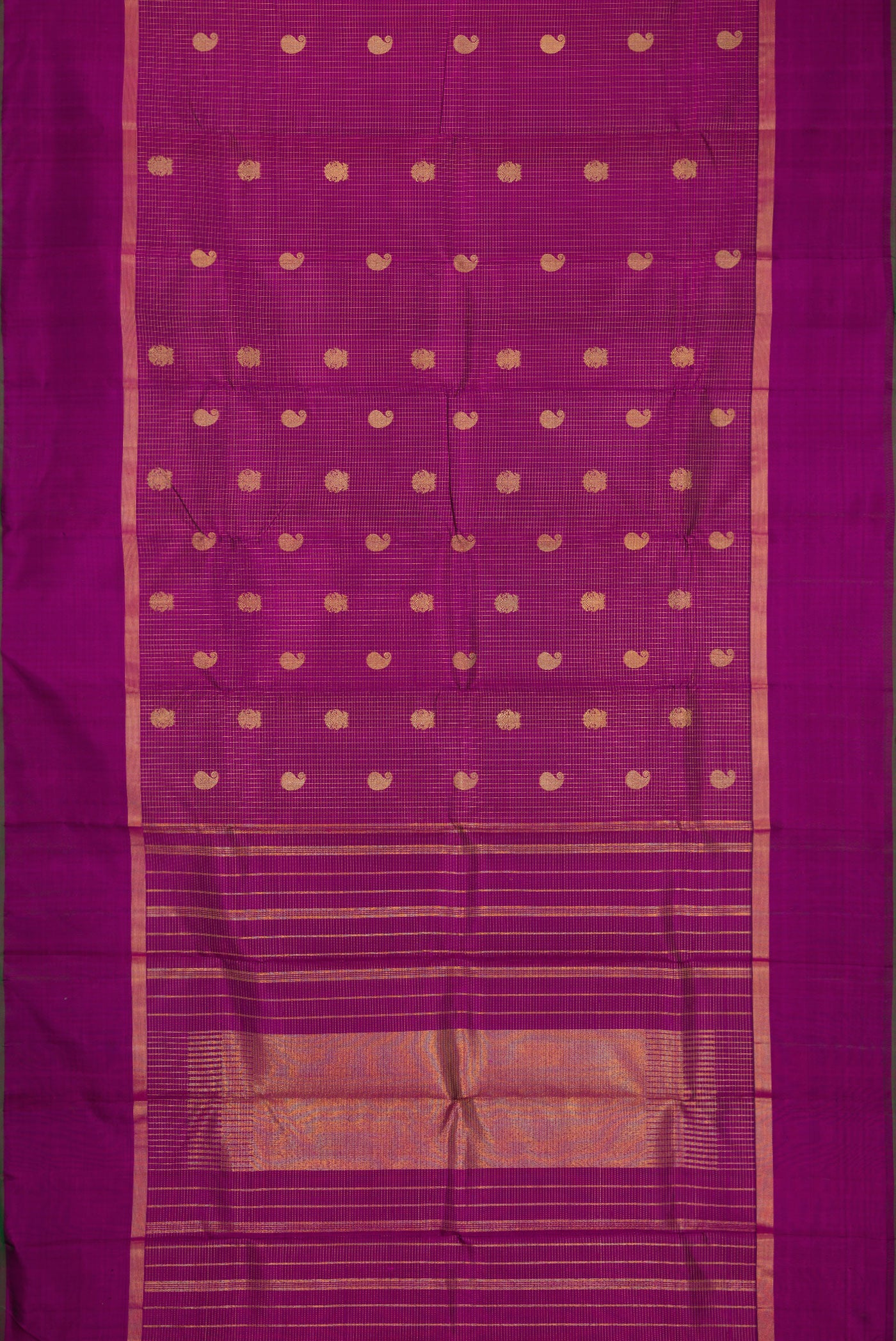 Flat view of Purple Kanchipuram Silk Saree with Checked design on the body and Zari Border. 