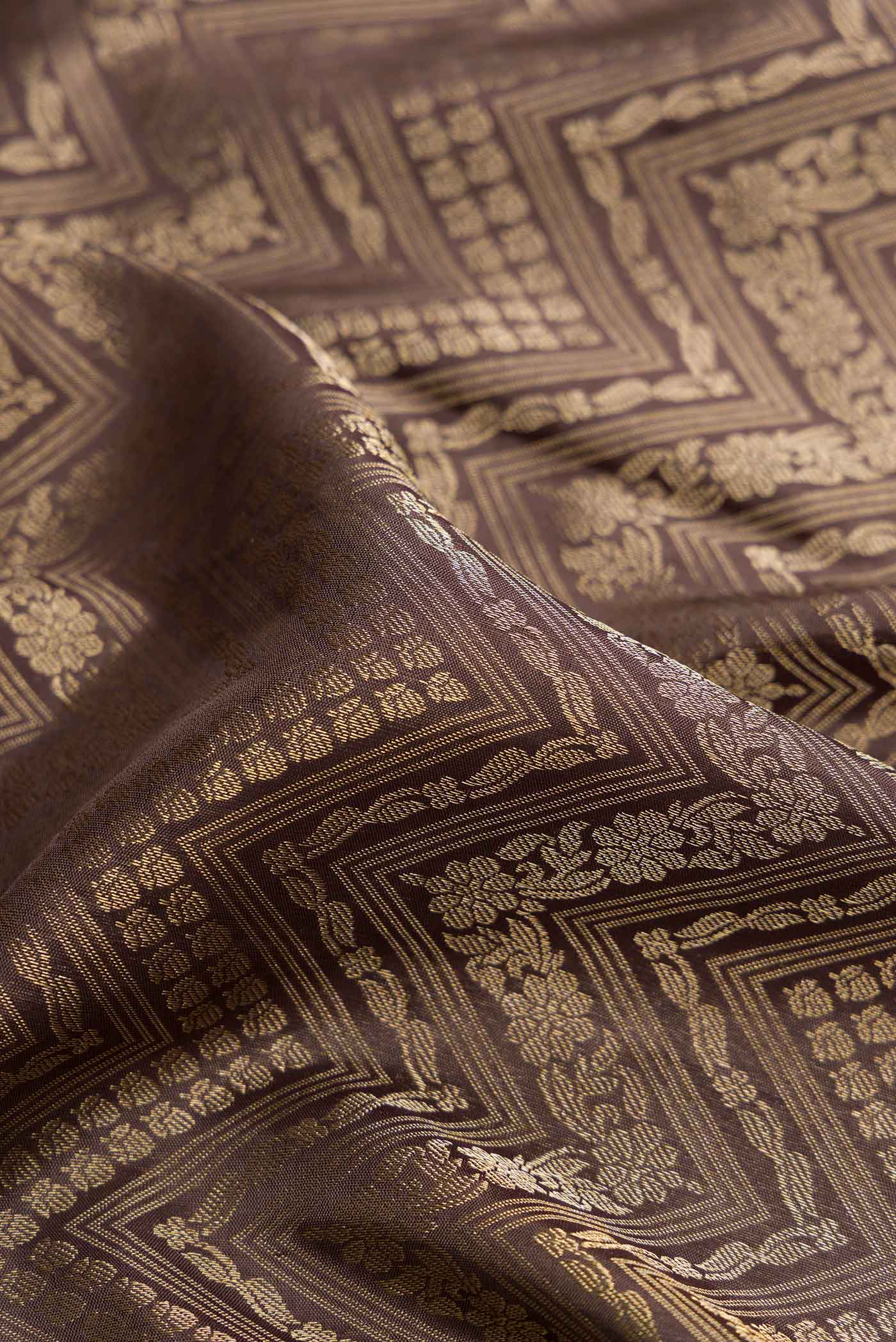 Close up of Brown Dual Tone Soft Silk Saree with Zari Brocade on the body and Zari Border.  displaying folds