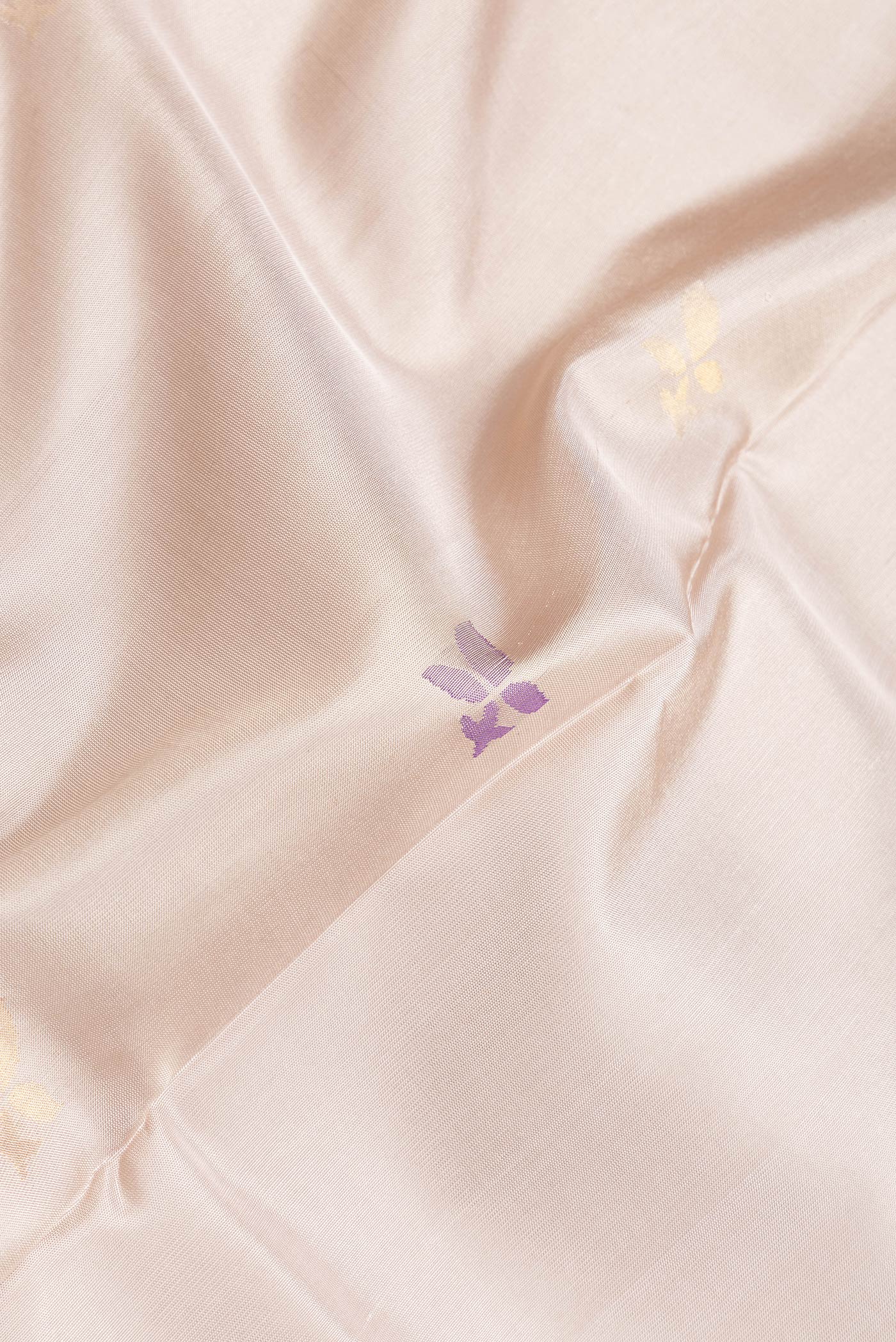 Close up of Beige Dual Tone Uppada Silk Saree with Zari And Thread Butta on the body and Zari Border.  displaying folds