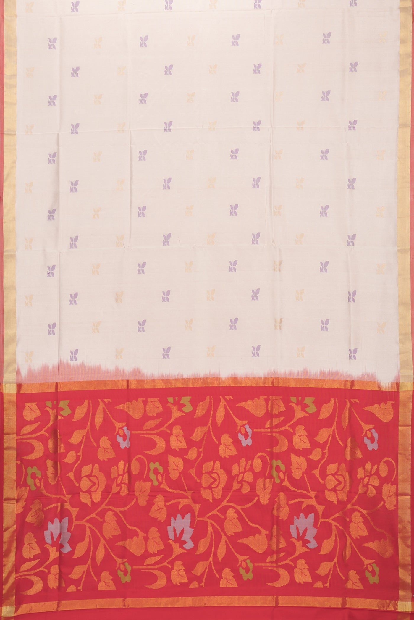 Flat view of Beige Dual Tone Uppada Silk Saree with Zari And Thread Butta on the body and Zari Border. 