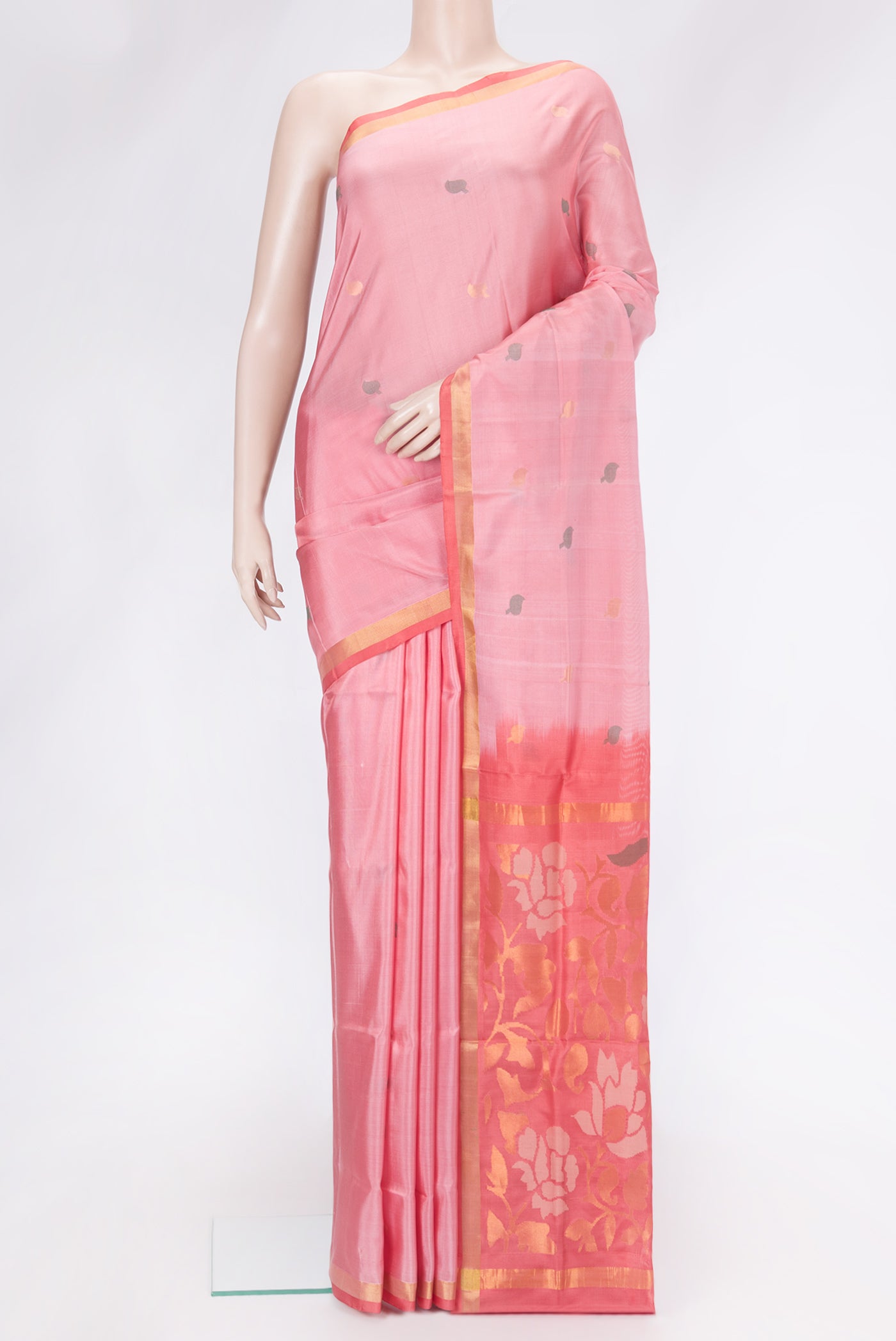 Pink Dual Tone Uppada Silk Saree with Zari And Thread Butta on the body and Zari Border.  displayed on a mannequin