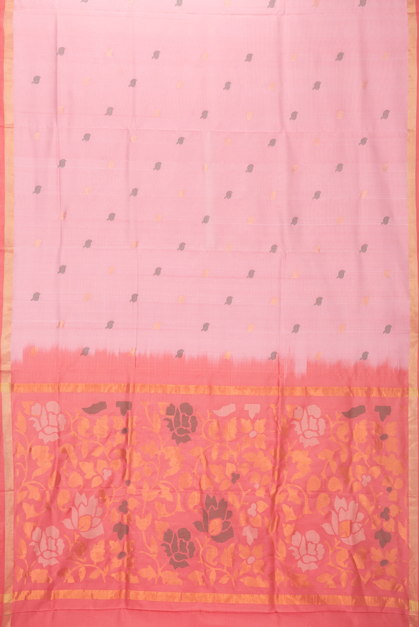 Flat view of Pink Dual Tone Uppada Silk Saree with Zari And Thread Butta on the body and Zari Border. 