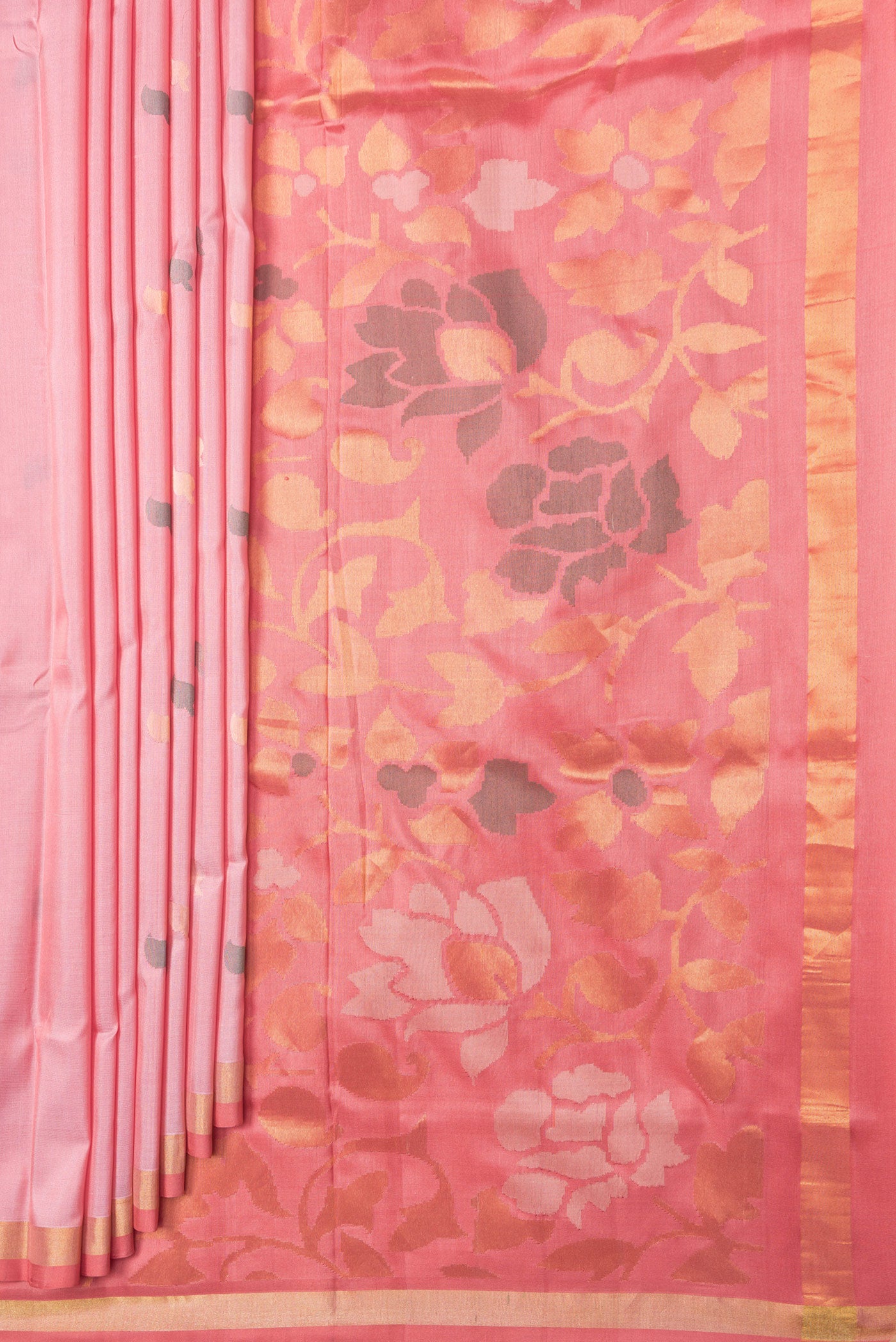 Pleats and pallu of Pink Dual Tone Uppada Silk Saree with Zari And Thread Butta on the body and Zari Border. 