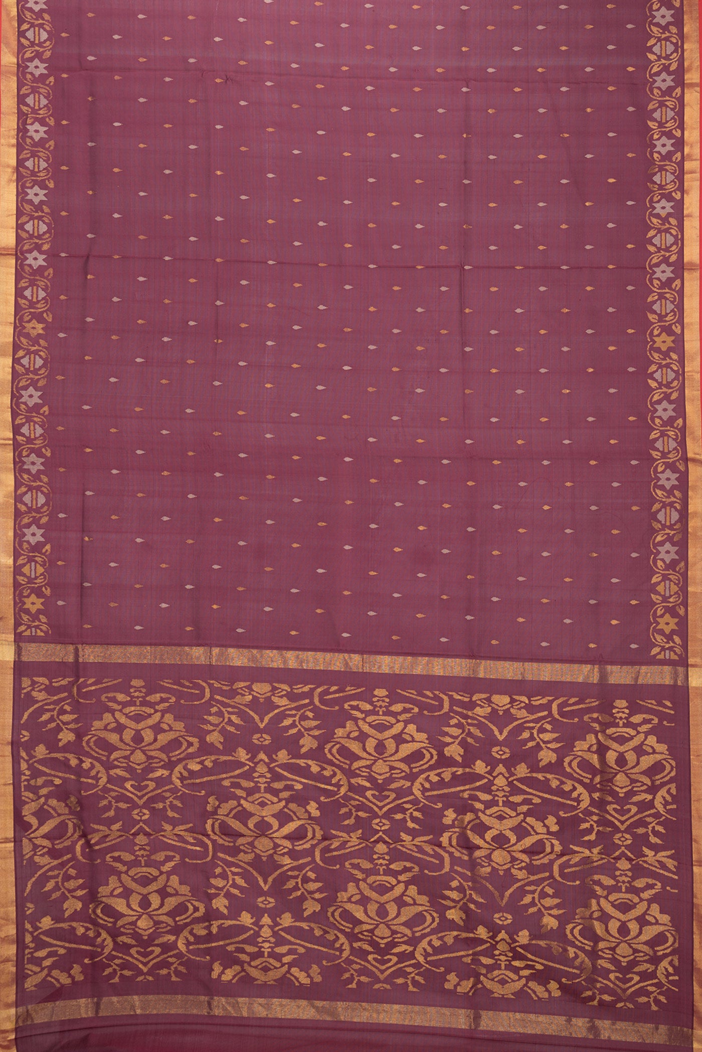 Flat view of Maroon Dual Tone Uppada Silk Saree with Zari And Thread Butta on the body and Fancy Border. 