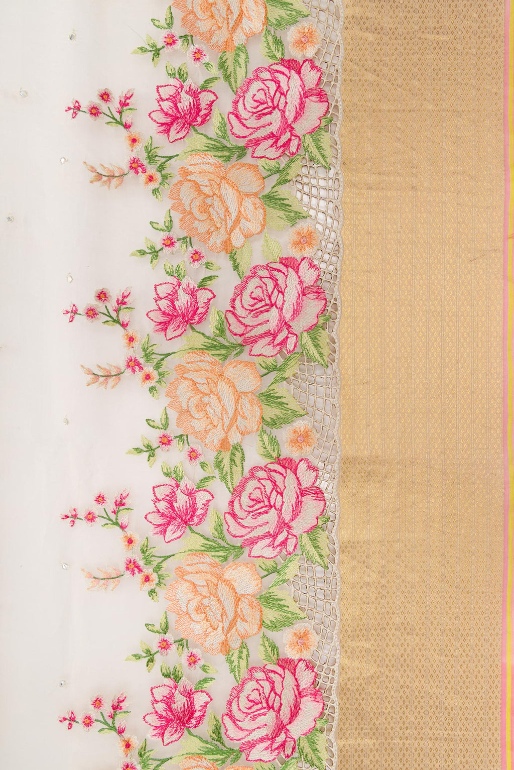 Border image of Beige Dual Tone Organza Silk Saree with Embroidery on the body and Embroidery Border. 