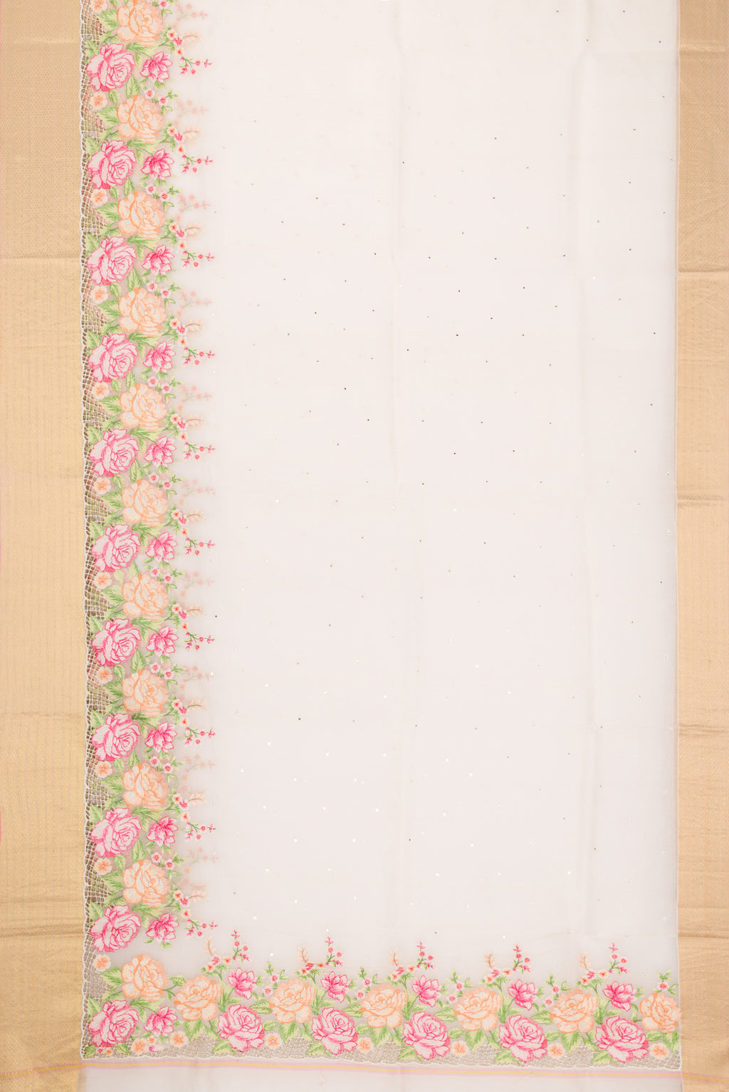 Flat view of Beige Dual Tone Organza Silk Saree with Embroidery on the body and Embroidery Border. 