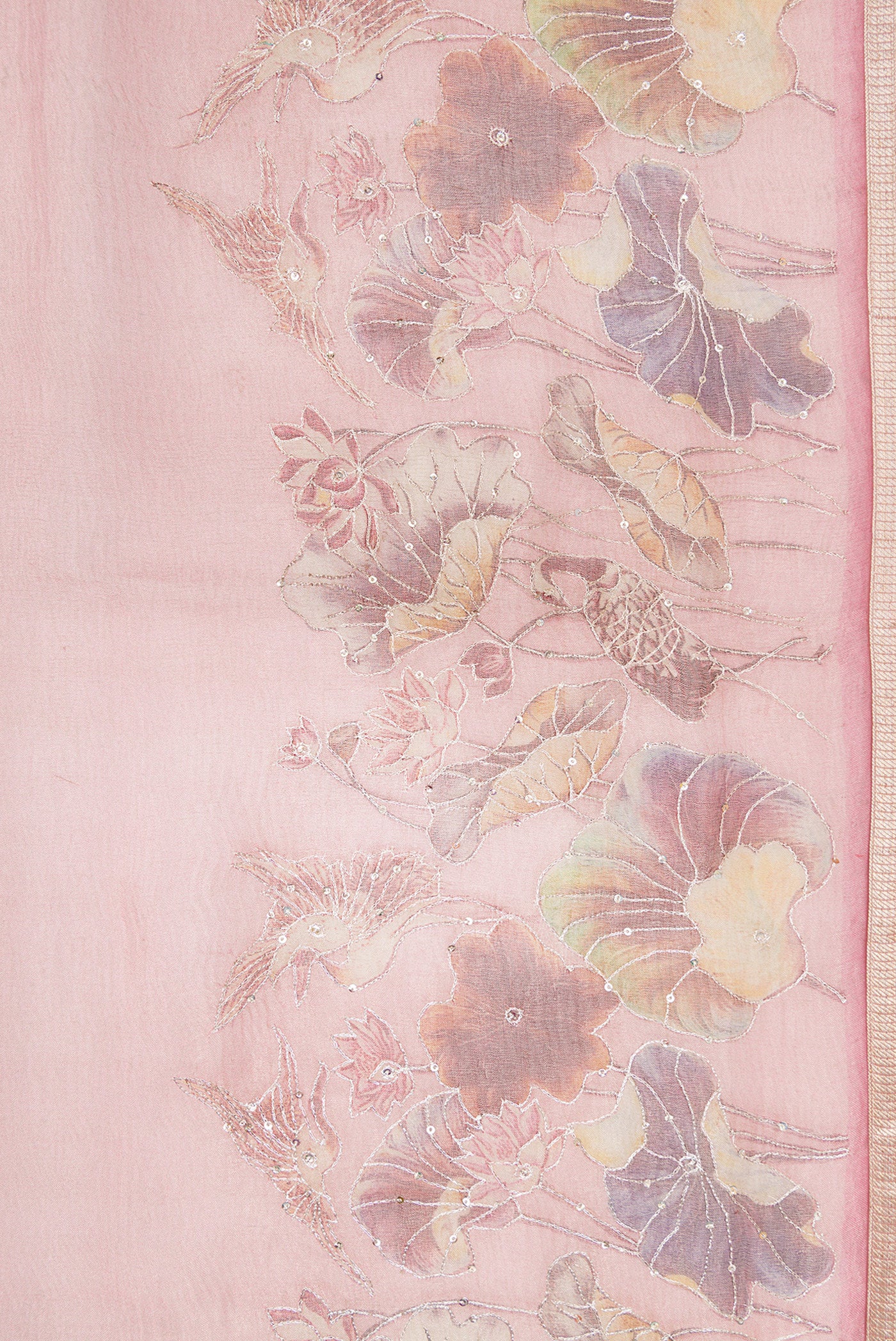 Border image of Rose Gold Dual Tone Organza Silk Saree with Plain Body and Embroidery Border. 