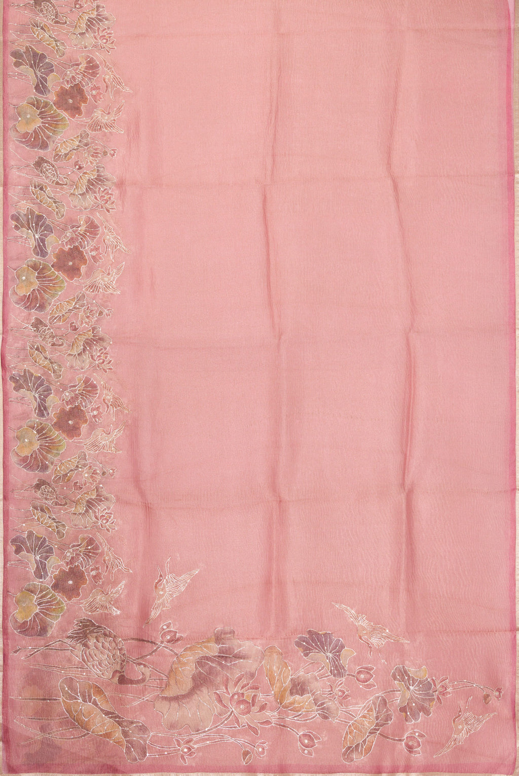 Flat view of Rose Gold Dual Tone Organza Silk Saree with Plain Body and Embroidery Border. 