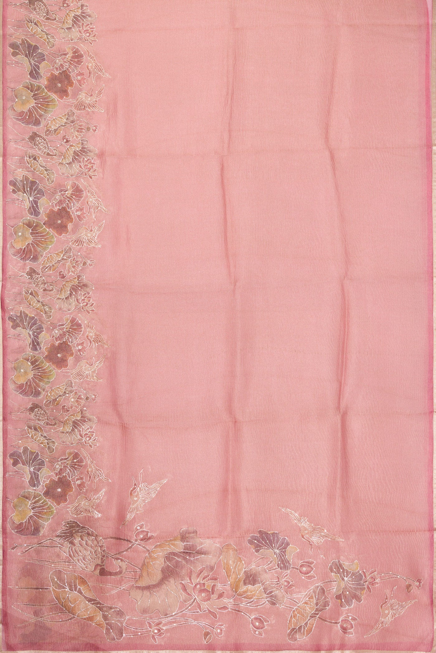 Flat view of Rose Gold Dual Tone Organza Silk Saree with Plain Body and Embroidery Border. 