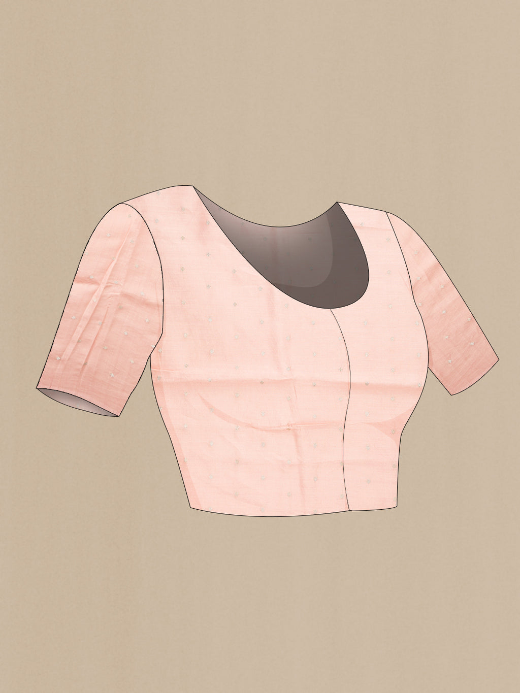 Close up image of the blouse of Rose Gold Dual Tone Organza Silk Saree with Plain Body and Embroidery Border. 