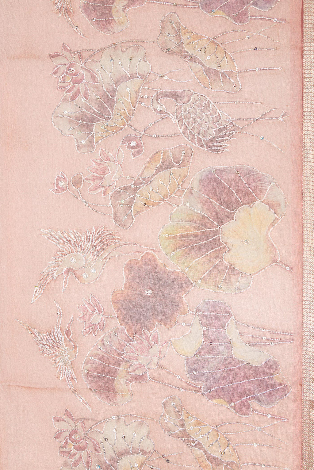 Border image of Rose Gold Dual Tone Organza Silk Saree with Plain Body and Embroidery Border. 