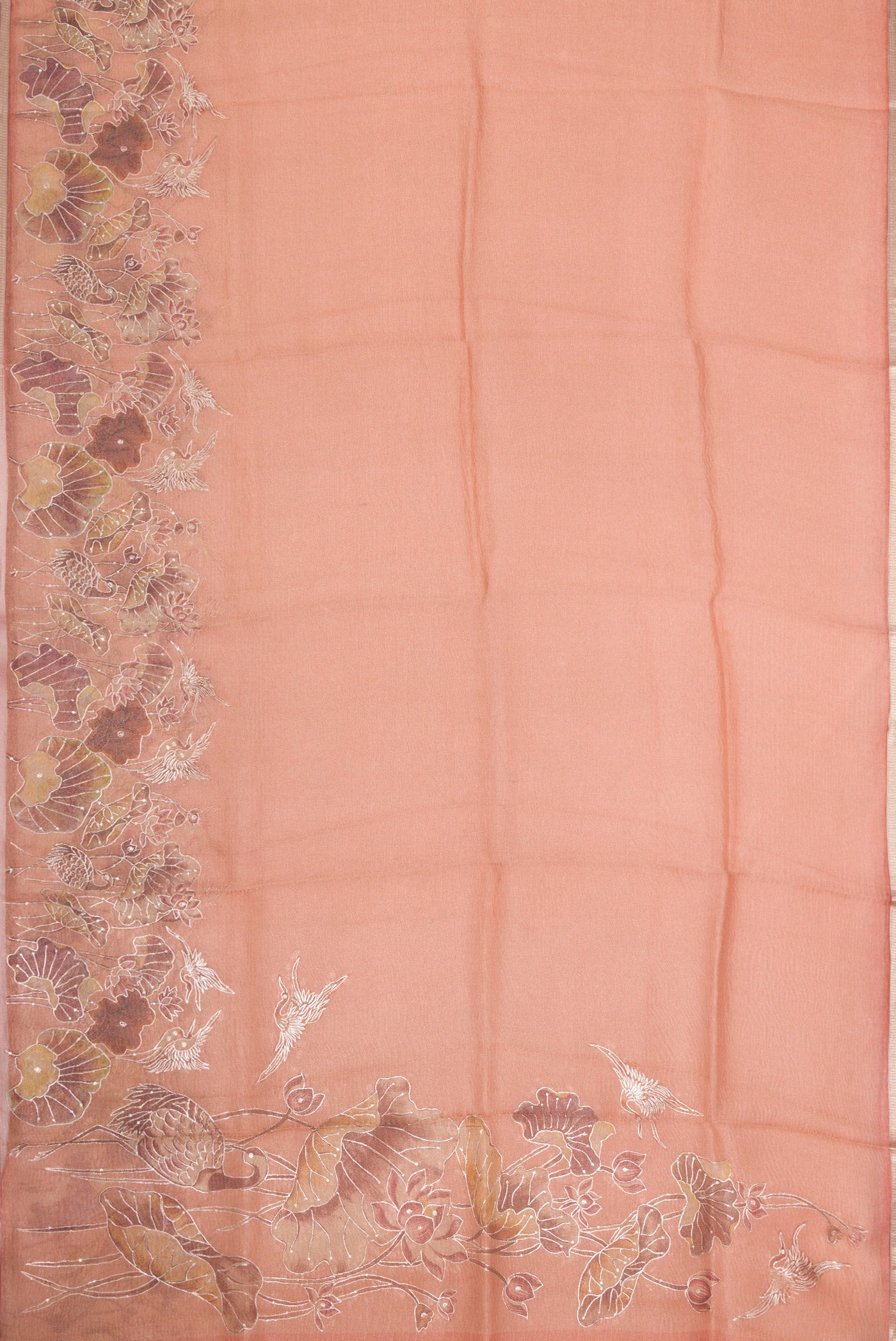 Flat view of Rose Gold Dual Tone Organza Silk Saree with Plain Body and Embroidery Border. 
