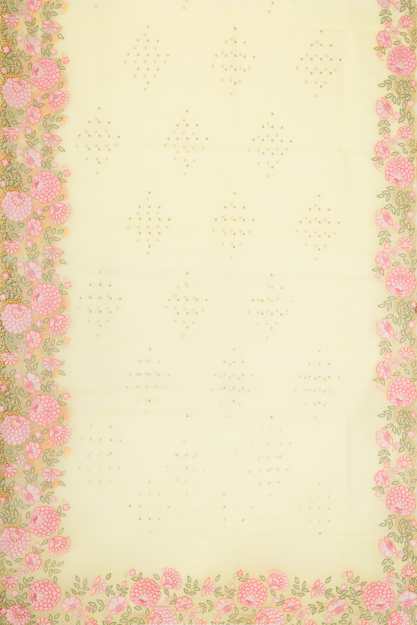 Flat view of Lemon Yellow Dual Tone Organza Silk Saree with Embroidery on the body and Embroidery Border. 